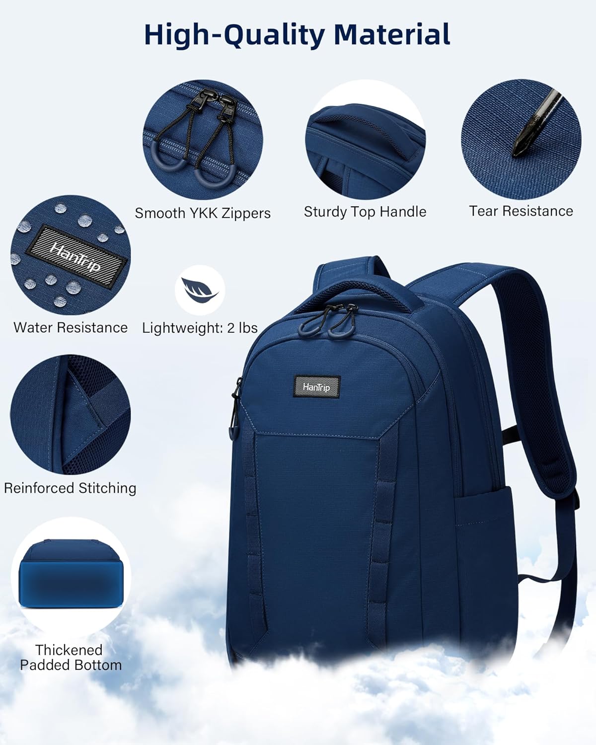 HanTrip Travel Laptop Backpack Carry On, 18 Inch Large Work Backpack School Book Bags, Light Water Resistant Backpacks for Women Men with Luggage Strap Water Bottle Pocket Chest Strap, Navy Blue