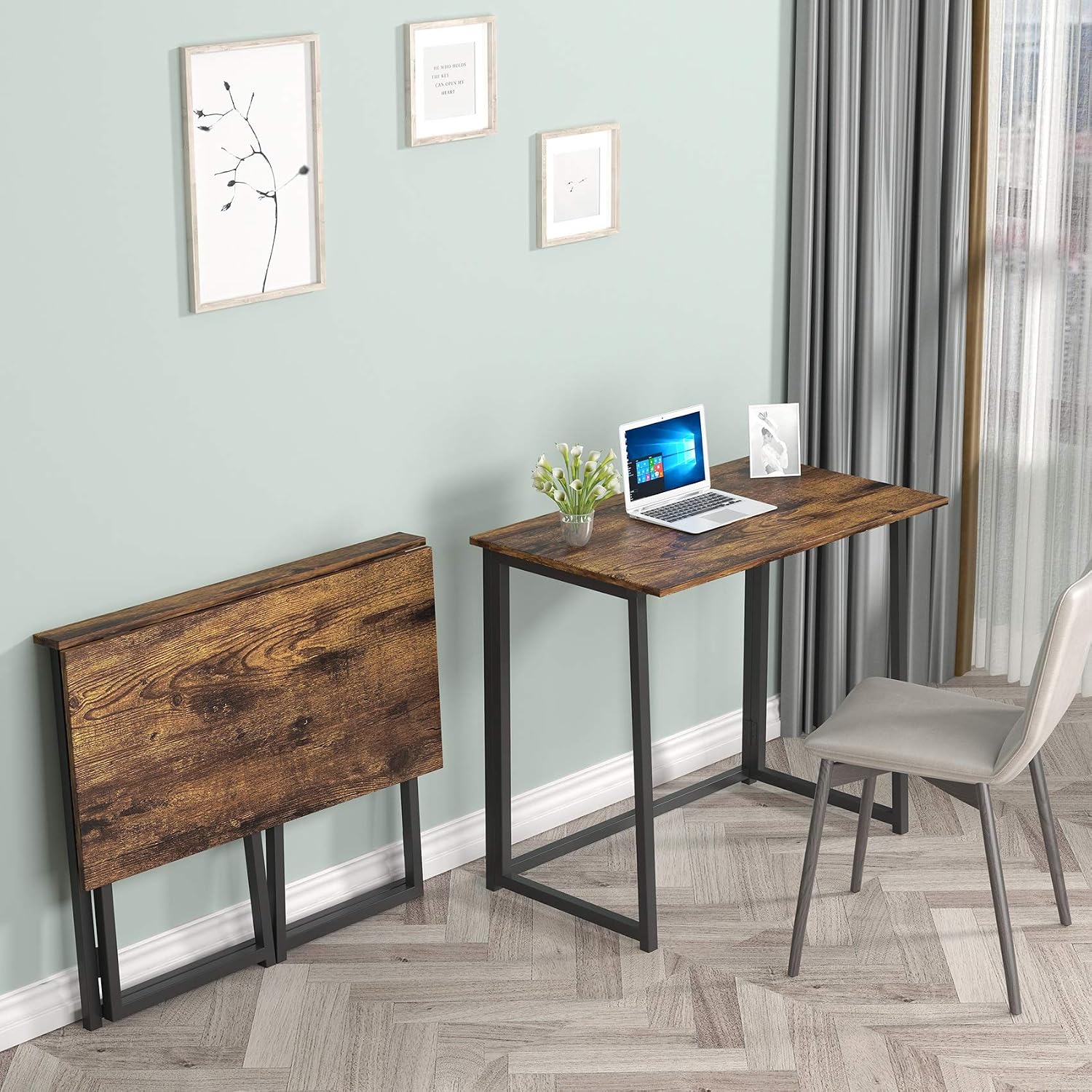 THKKY No-Assembly Folding Desk, 31.5" Small Computer Desk Home Office Desk Foldable Table Study Writing Desk Workstation for Small Space Offices (Rustic Brown)