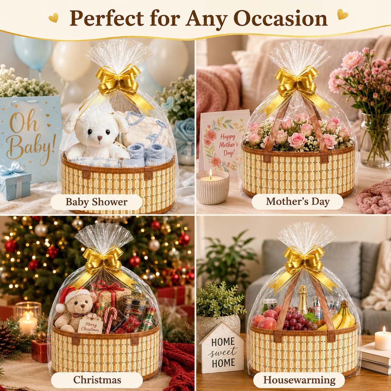 4 cesti regalo vuoti in bambù intrecciato, con 4 sacchetti, 4 fiocchi e carta triturata, per baby shower, compleanni, inaugurazione della casa (marrone, ovale, 30 x 20 cm)