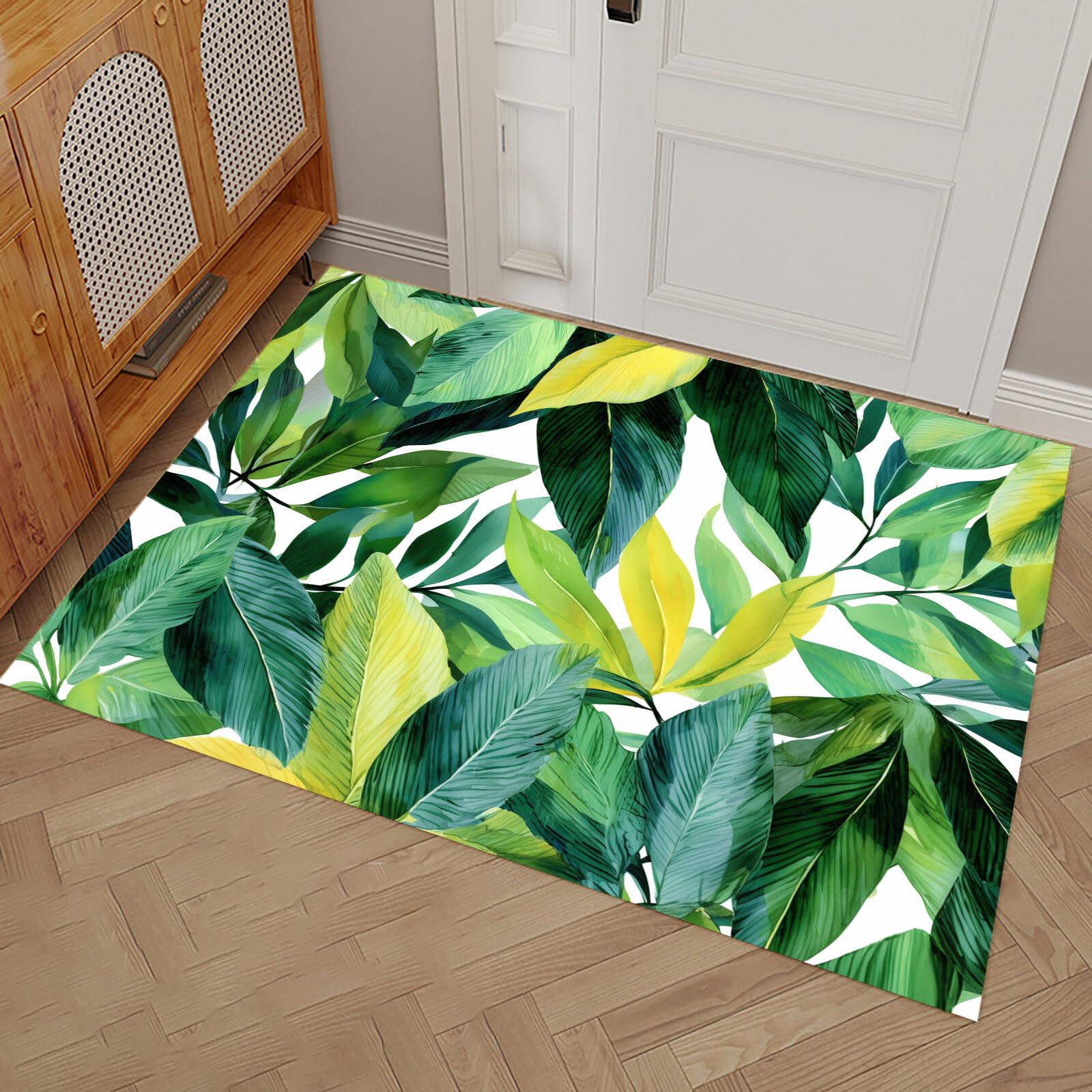 Schmutzfangmatte 80X120Cm, Frische Blätter Rutschfeste & Waschbare Fußmatte Innen, Saugfähiger Türvorleger, Wasserdicht, Ideal Frische Aquarellmalerei Für Eingangsbereich, Haustür & Flur, Gelbgrün