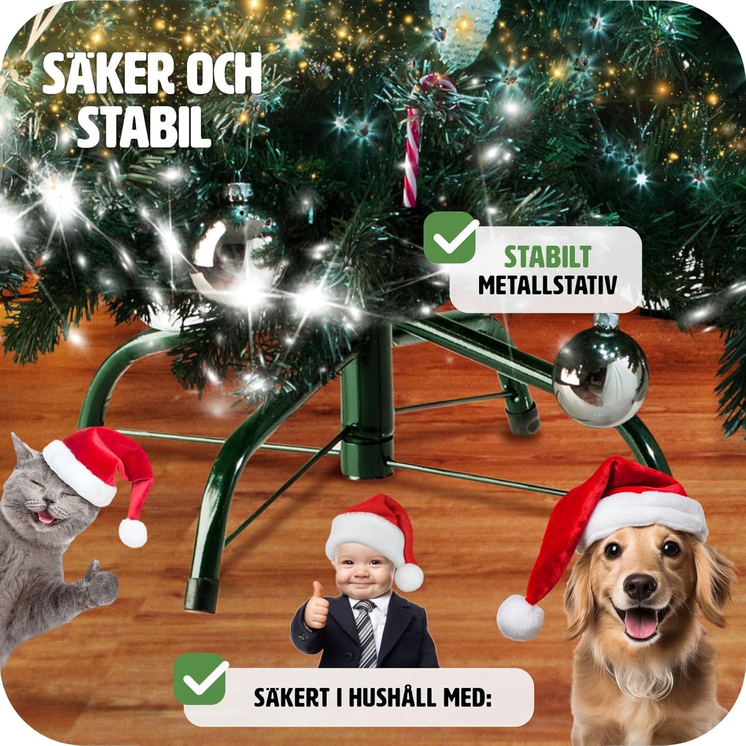 Stable metal stand of the artificial Christmas tree with pets and a baby nearby, indicating safety.