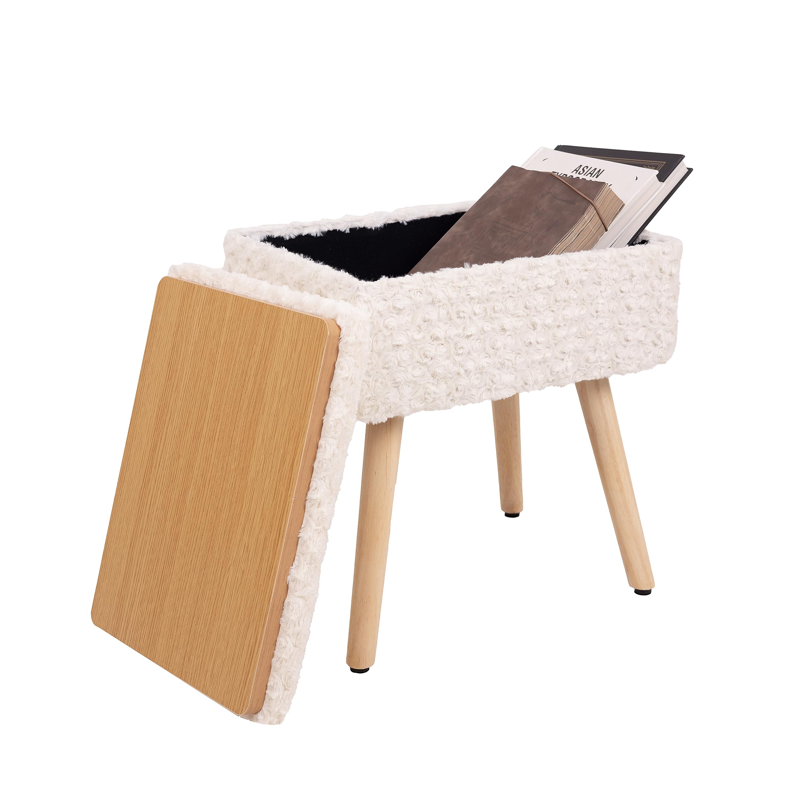 Vanity Stool Chair for Makeup Room, White Vanity Chair Storage Stool with Rose Flannel, Soft Ottoman Makeup Stool 4 Wood Legs with Anti-Slip Feet for Vanity, Living Room, Bedroom