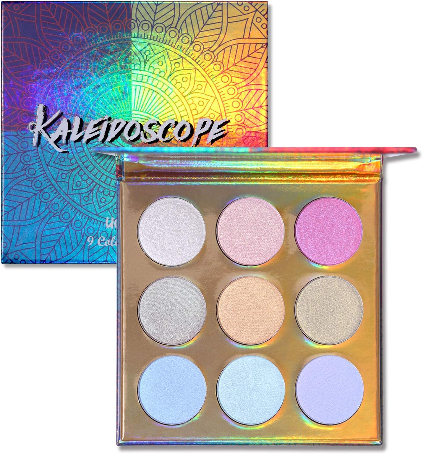 UCANBE Kaleidoscope Holographic Highlighter Makeup Palette Kit, 9 Color Polarized Shimmer Illuminating Glow Highlighting Bronzers Powder Set, Laser Outer Packaging with Mirror Cosmetics