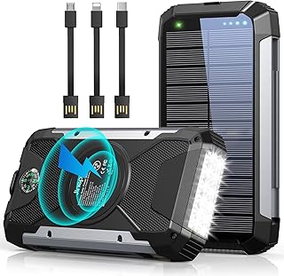 Solar Charger 38600mAh,Solar Power Bank Wireless Portable Charger Built in 3 Cables External Battery Pack Waterproof with 4 Outputs 2 Inputs USB C 15 W 5V/3A Battery Bank with Camping Light Compass