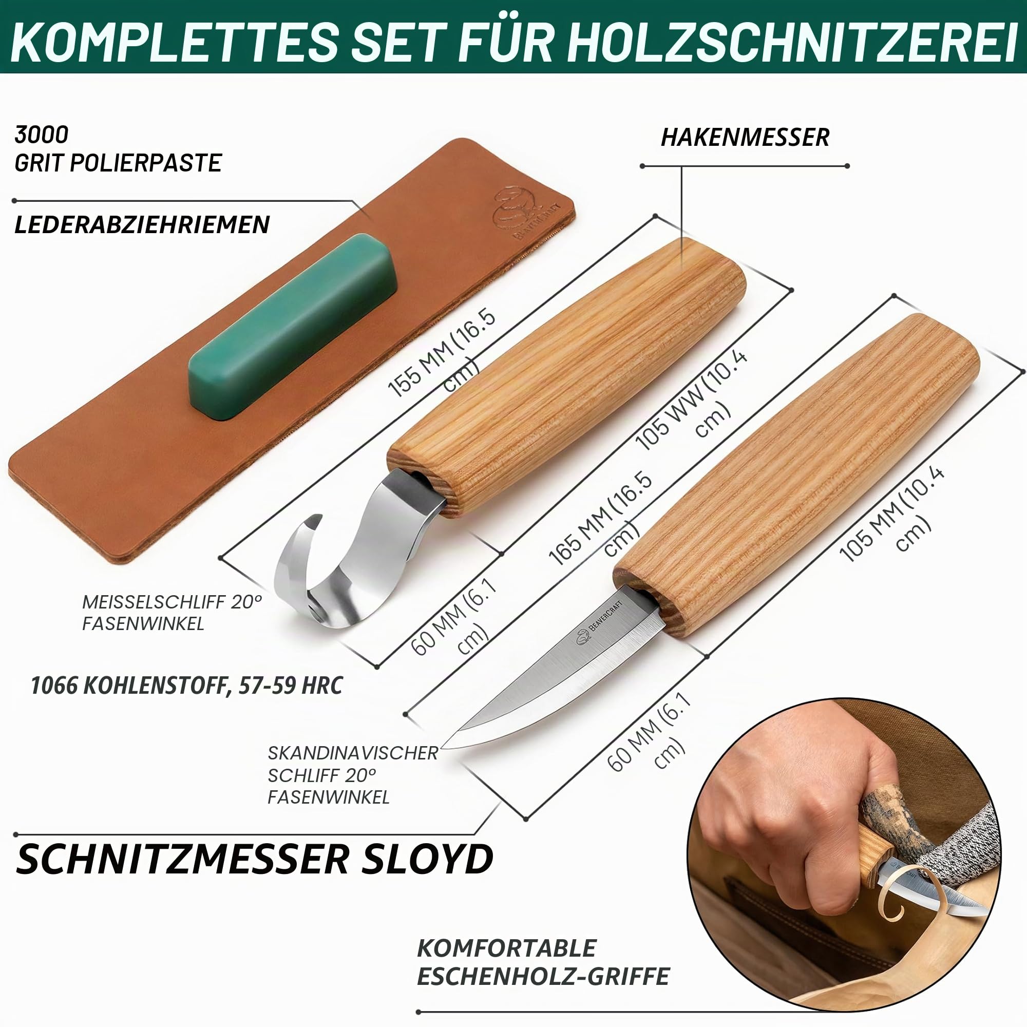 BeaverCraft S01 Löffelschnitzmesser Set – Holzlöffel Schnitzwerkzeug für Rechtshänder – Hakenmesser, Schnitzmesser für Schale, Kuksa, Becher – Holzschnitzset für Anfänger & Profis