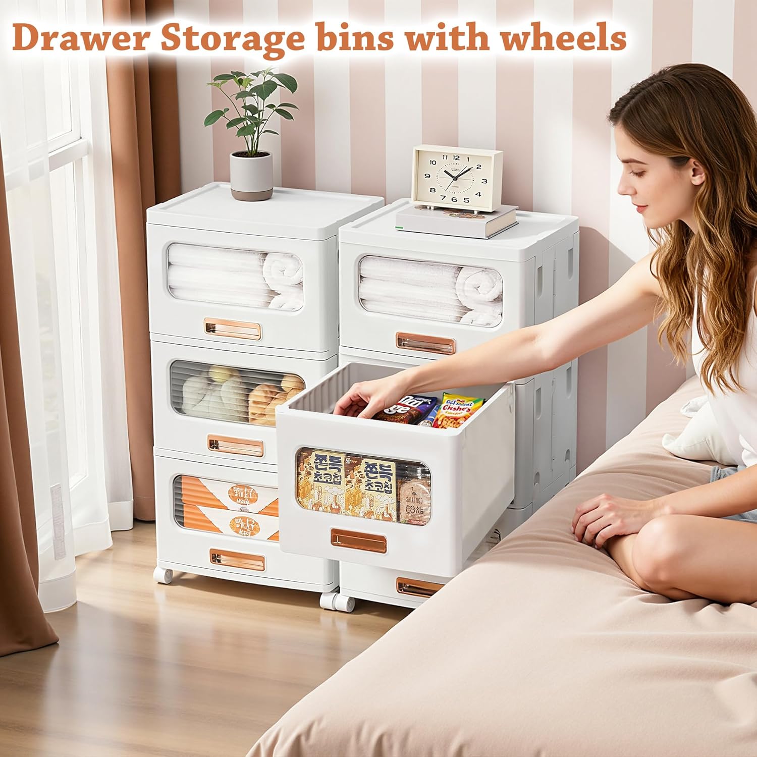 VECELO Plastic Storage Cabinet with Drawers, Stackable Storage Bins with Wheels, Waterproof Bathroom Storage Organizer, Multi-Tier Closet Storage for Bedroom, Living Room, Kitchen, Medium 3-Tier
