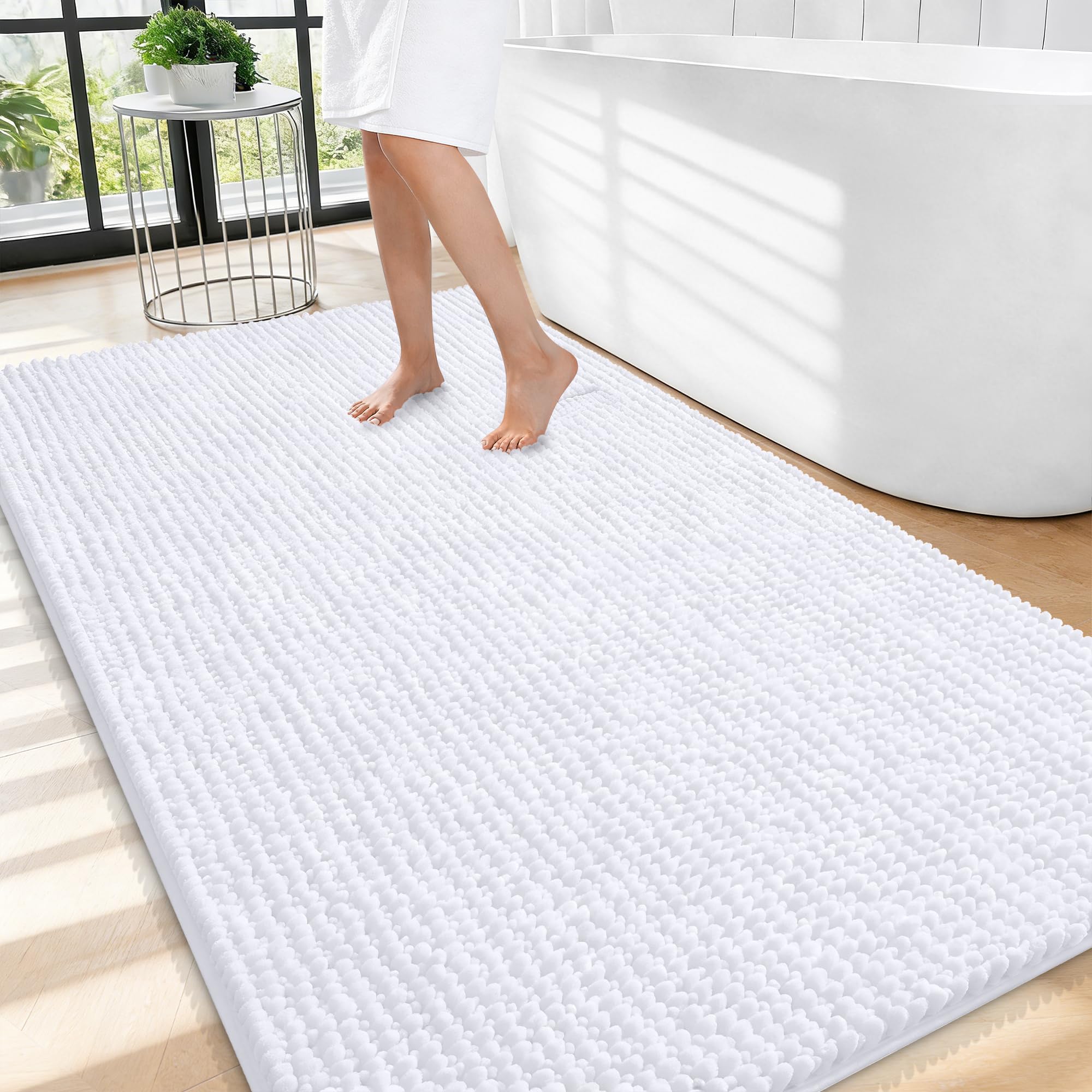 OLANLY Thick Chenille Large Bathroom Rugs 44x32, Absorbent Bath Mat, White