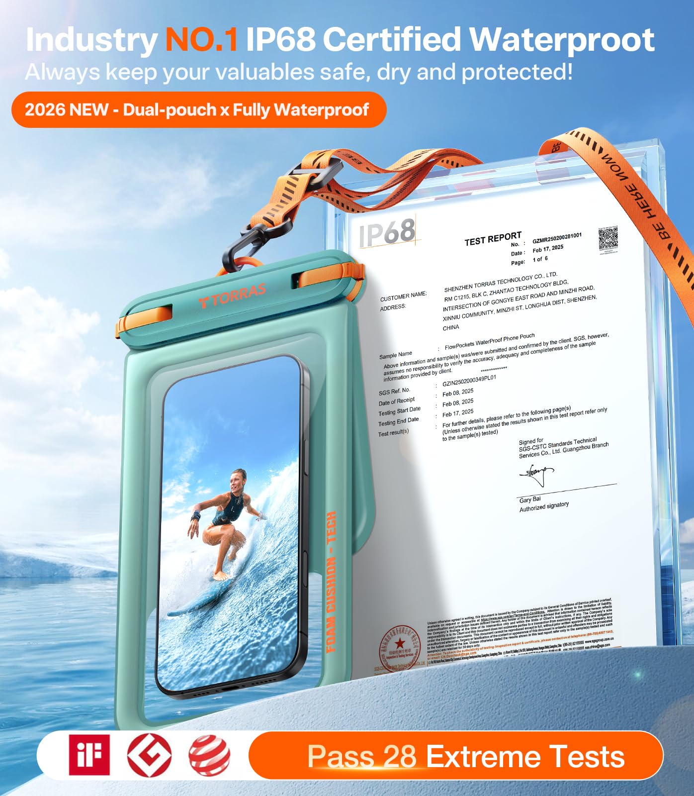 TORRAS Funda impermeable IP68 para teléfono con doble espacio, funda flotante impermeable con cordón para iPhone 17 Pro Max 16 15 S26 S25, bolsa seca para teléfono, vacaciones, crucero, viajes