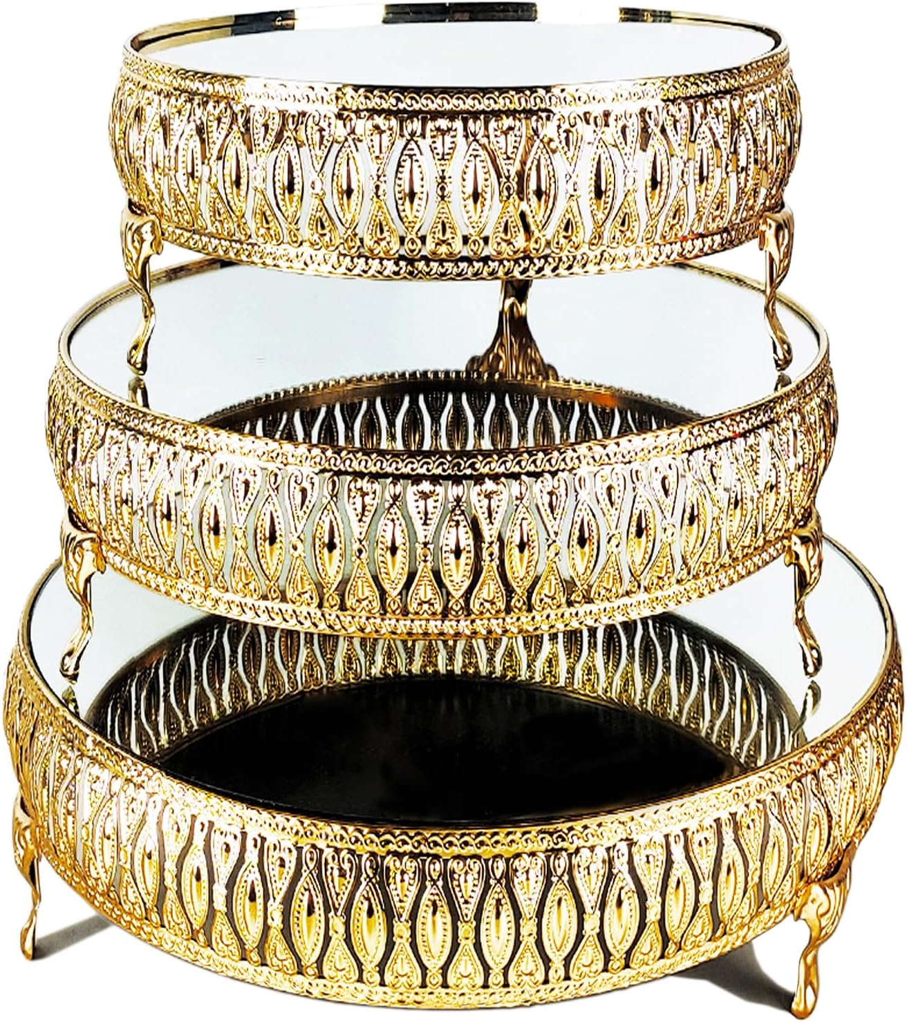 3Pcs 13", 10.3" and 8.5" Gold Round Mirror Cake Stand Cupcake Stands Metal Pedestal Holder, Party Dessert Cheese Display Plate for Wedding Party Birthday Baby Shower Celebration Home Decor