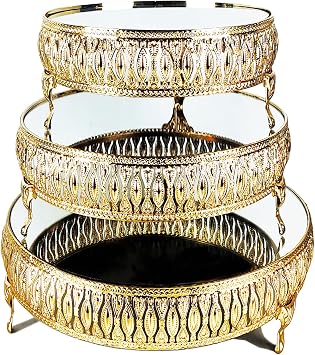 3Pcs 13", 10.3" and 8.5" Gold Round Mirror Cake Stand Cupcake Stands Metal Pedestal Holder, Party Dessert Cheese Display Plate for Wedding Party Birthday Baby Shower Celebration Home Decor