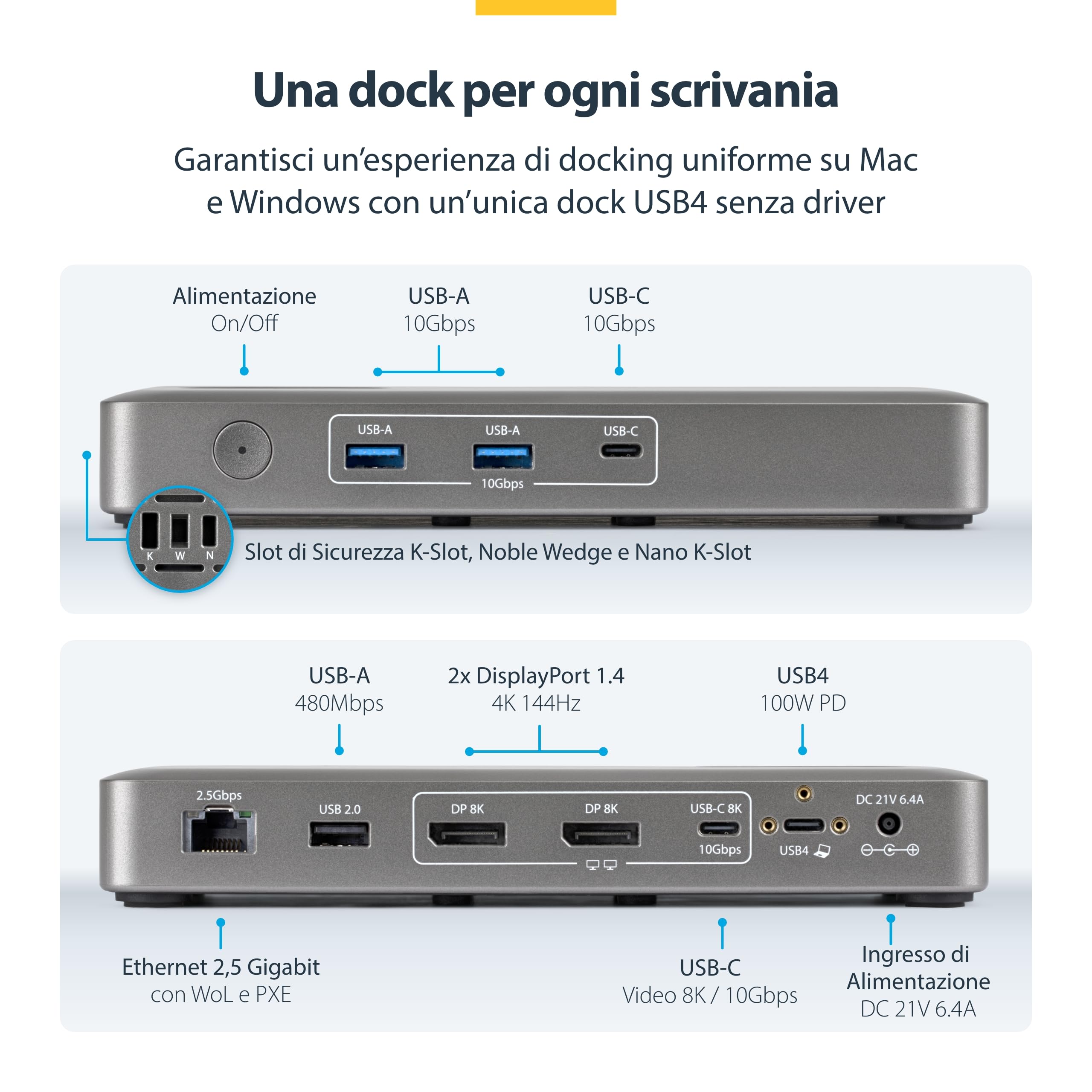StarTech Docking Station USB4, Doppio Monitor 4K senza Driver per macOS e Windows, Dock USB-C Universale con Power Delivery da 100W per Laptop, Ethernet 2,5GbE