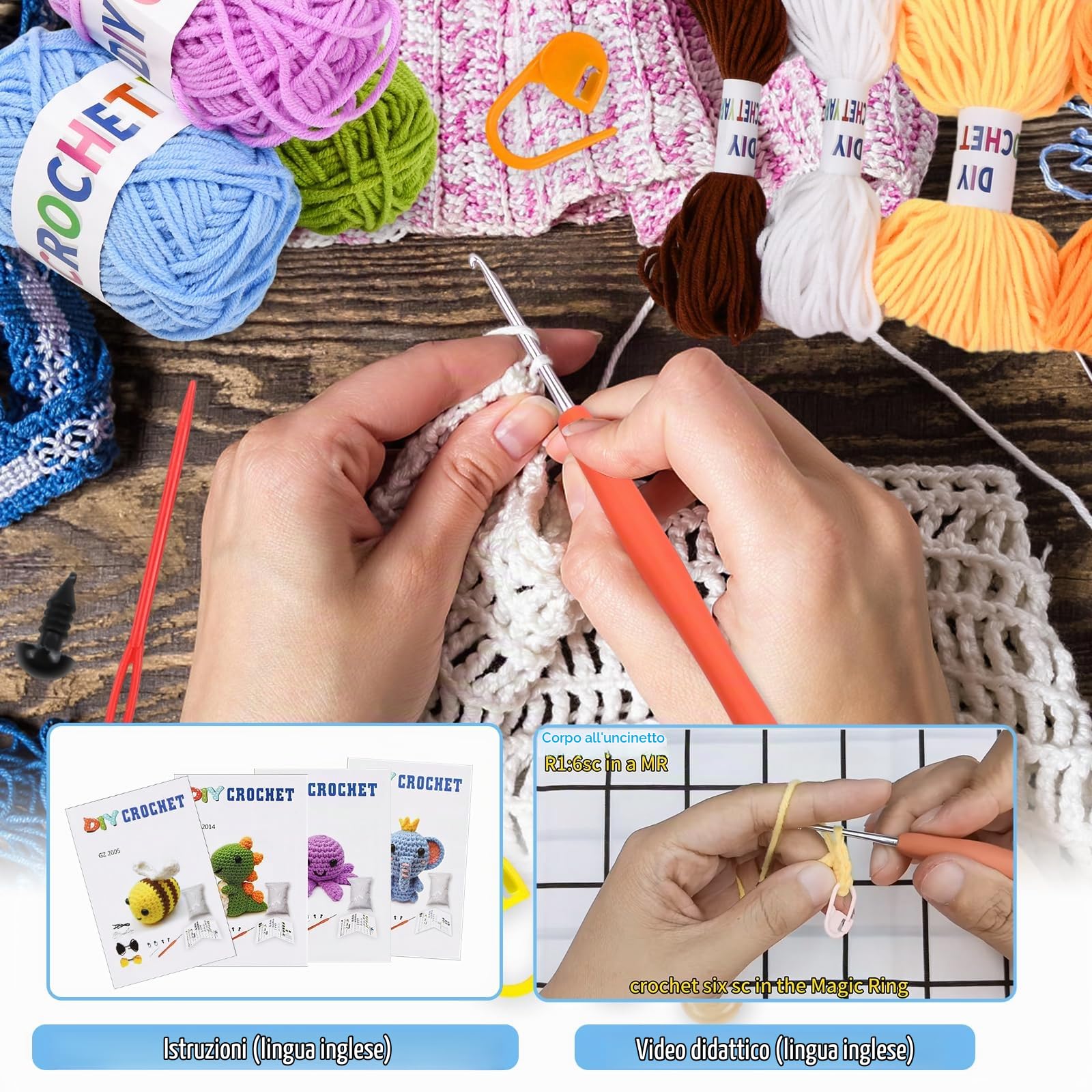 Rapidbok 4 Pezzi Set fai da te all'uncinetto,Set di lavori a maglia creativi,Kit per Animali All'uncinetto,con 4 diversi modelli di uncinetto(Elefante/Dinosauro/Ape/Polpo),per Adulti e Principianti