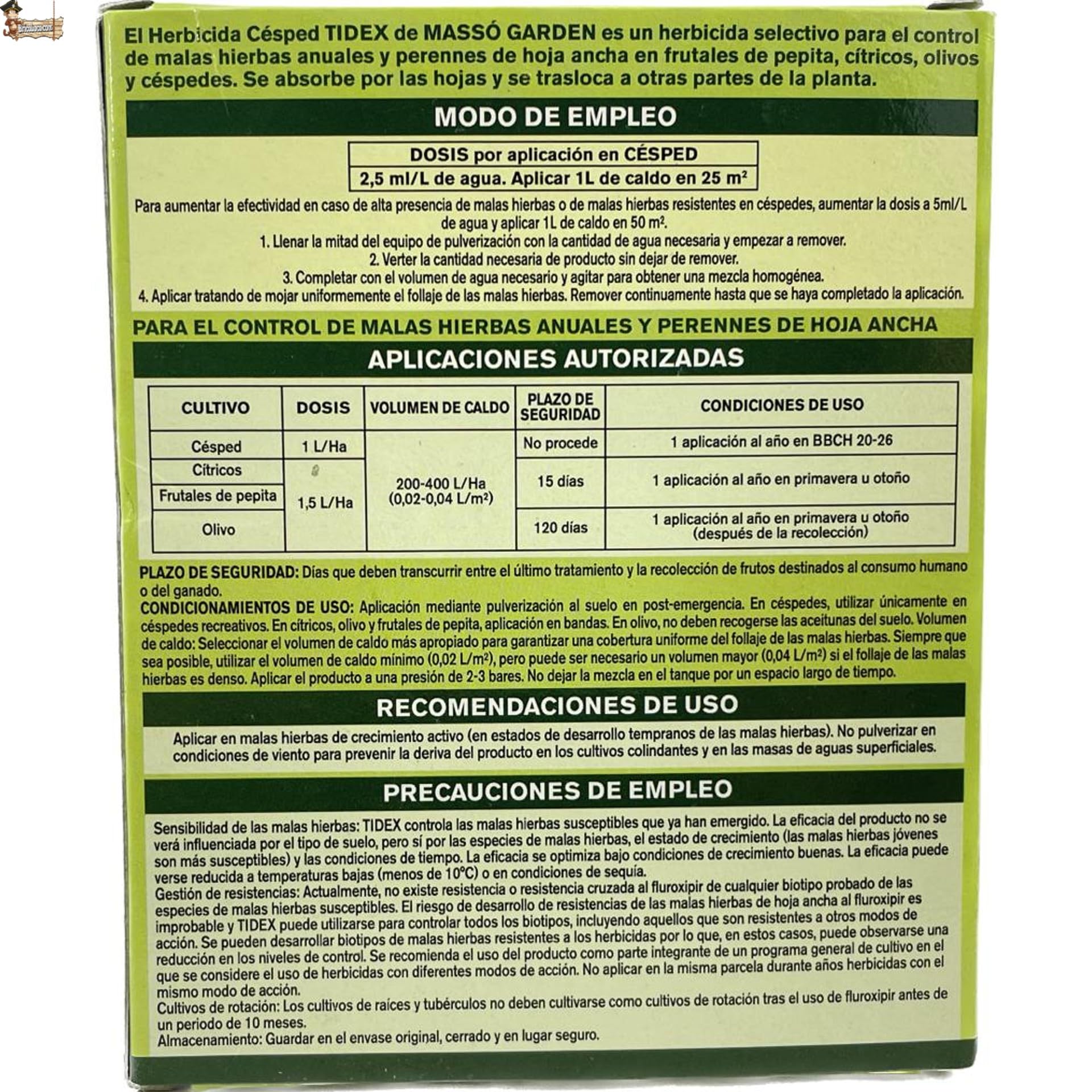 BricoLoco.com Herbicida selectivo césped Tidex hoja ancha. Pack 2x25ml. Hasta 500 m2. Fluroxipir. Control malas hierbas anuales y perennes (trébol, diente de león, correhuela, etc.). Sistémico (2)