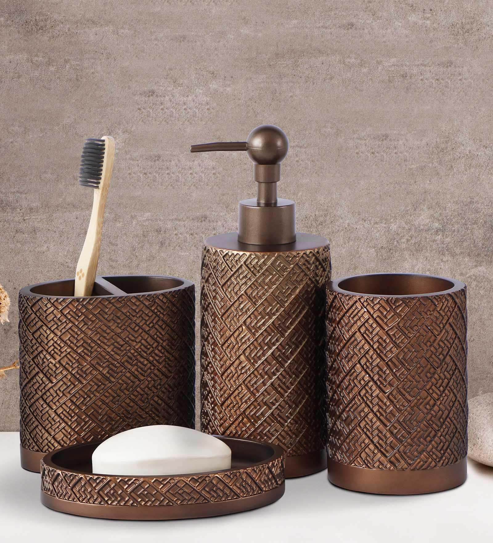 Polyresin Bathroom Set Bathroom Set Sturdy Row Compact Build, Easy ro Maintain, Elegant & Unique Look Accessories, Brown