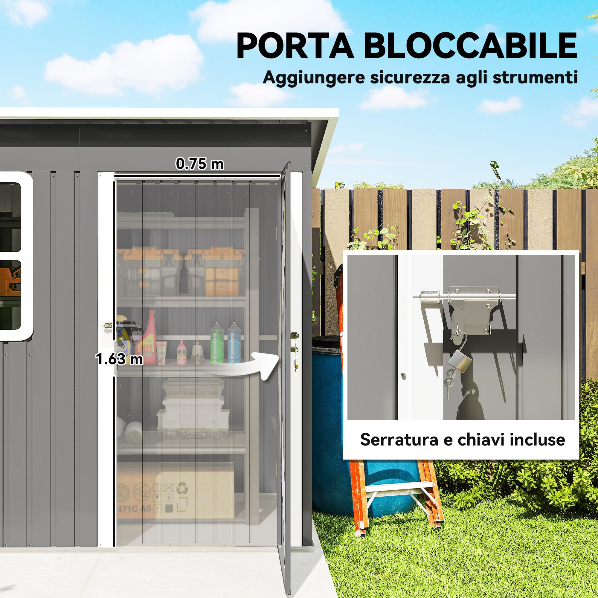 Outsunny Domek na narzędzia 2,55 m², domek ogrodowy z dachem jednospadowym, 221 x 133 x 190/173 cm, szopa na narzędzia z zamykanymi drzwiami, oknem, garażem rowerowym, szafka ogrodowa ze stali, na