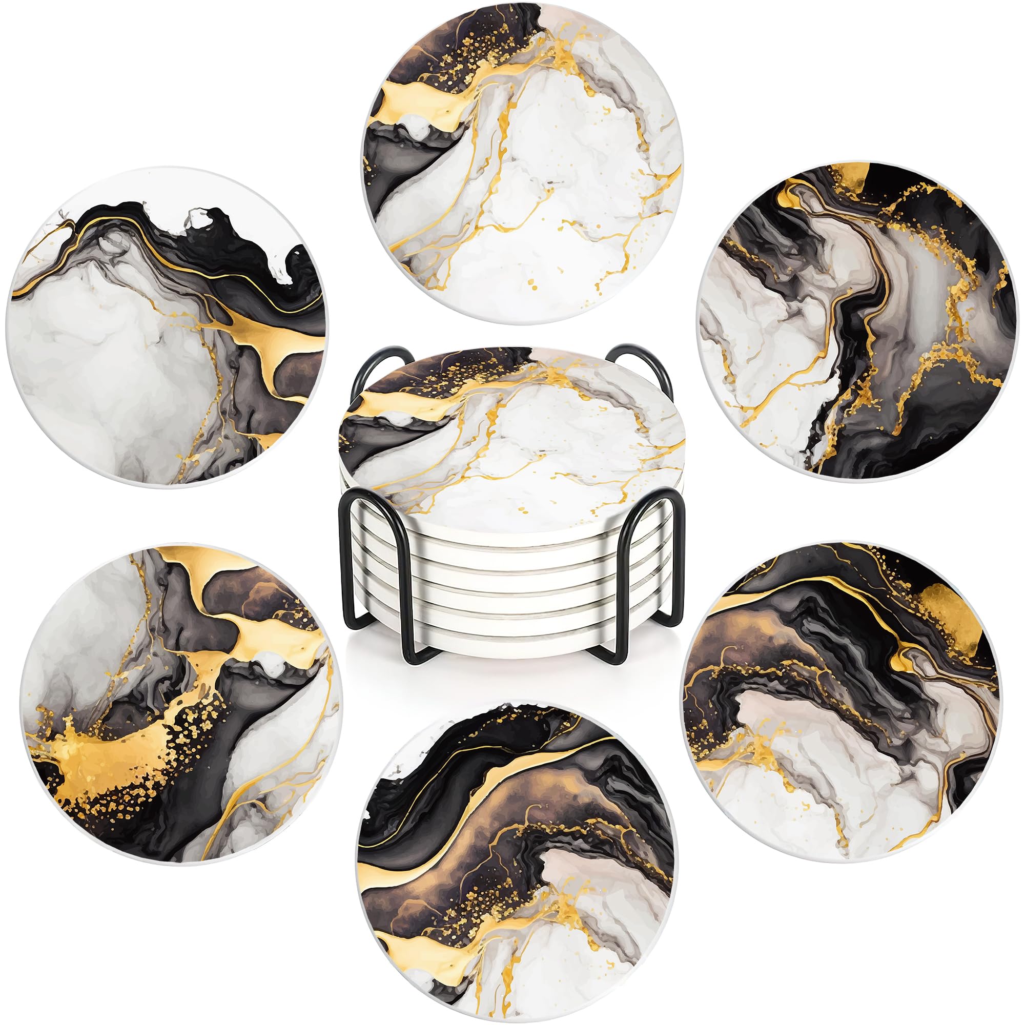 Black Gold Marble Ceramic Coaster Set of 6, Water-Absorbent Beverage Pads for Dining Table Decor & Glass Protection