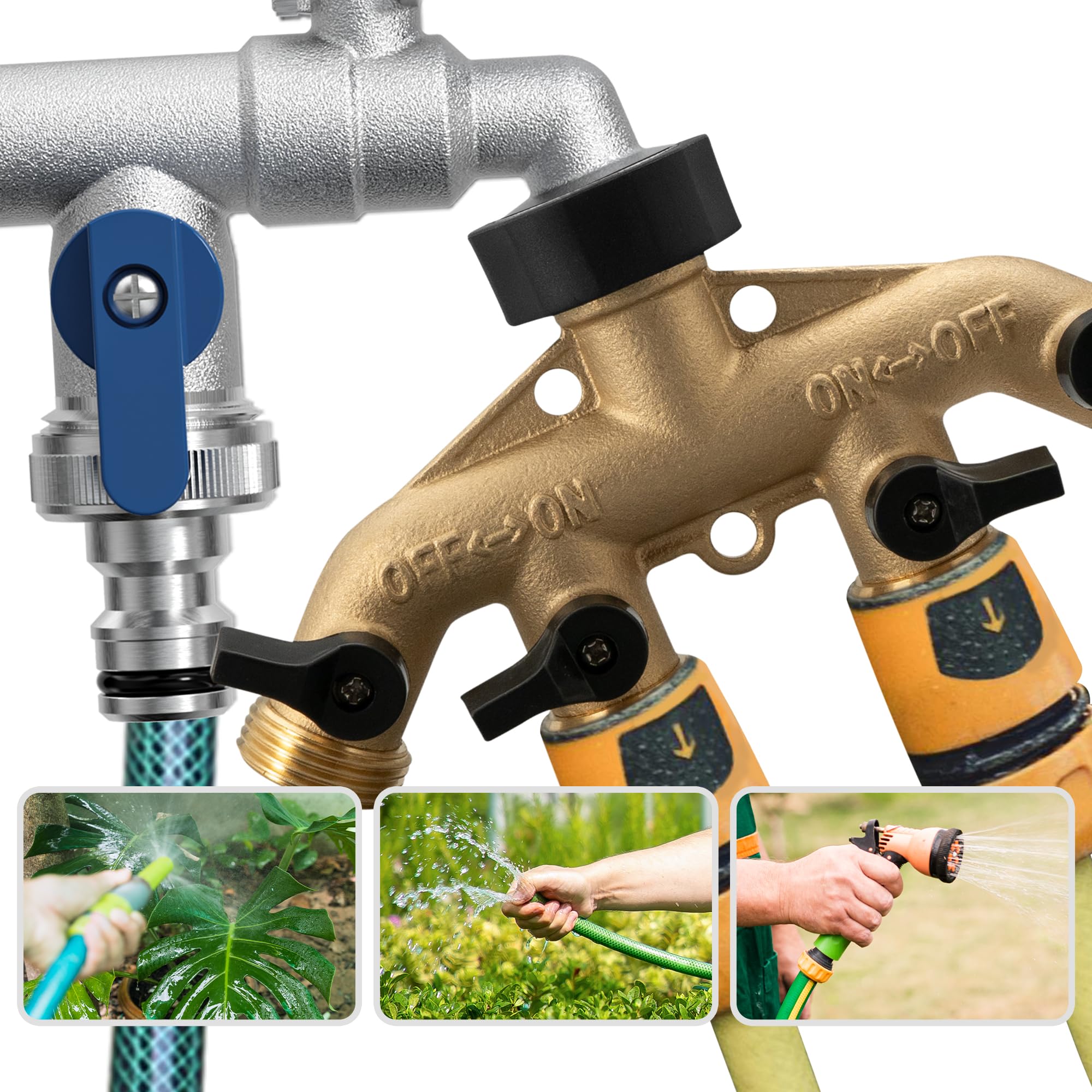 VANCOCO 4-Wege Wasserverteiler 3/4 Zoll Messing mit Schnellkupplung und 1/2 Zoll Adapter, Gartenschlauch Verteiler für Bewässerungssystem, Hochfester Wasseranschluss Adapter
