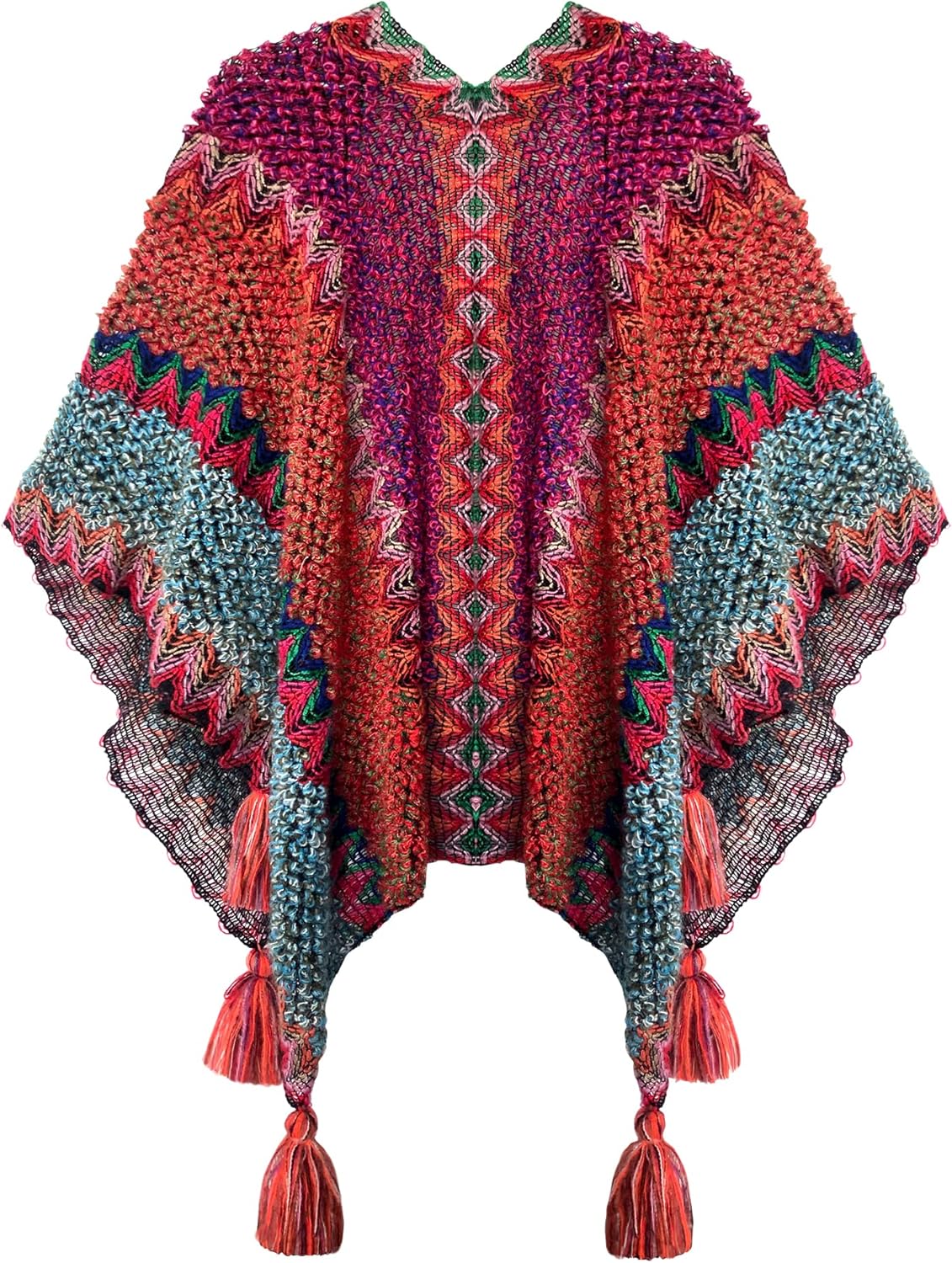 Urban CoCo Women's knit Vintage Ethnic Tassel stripe Poncho Shawl - Image 2