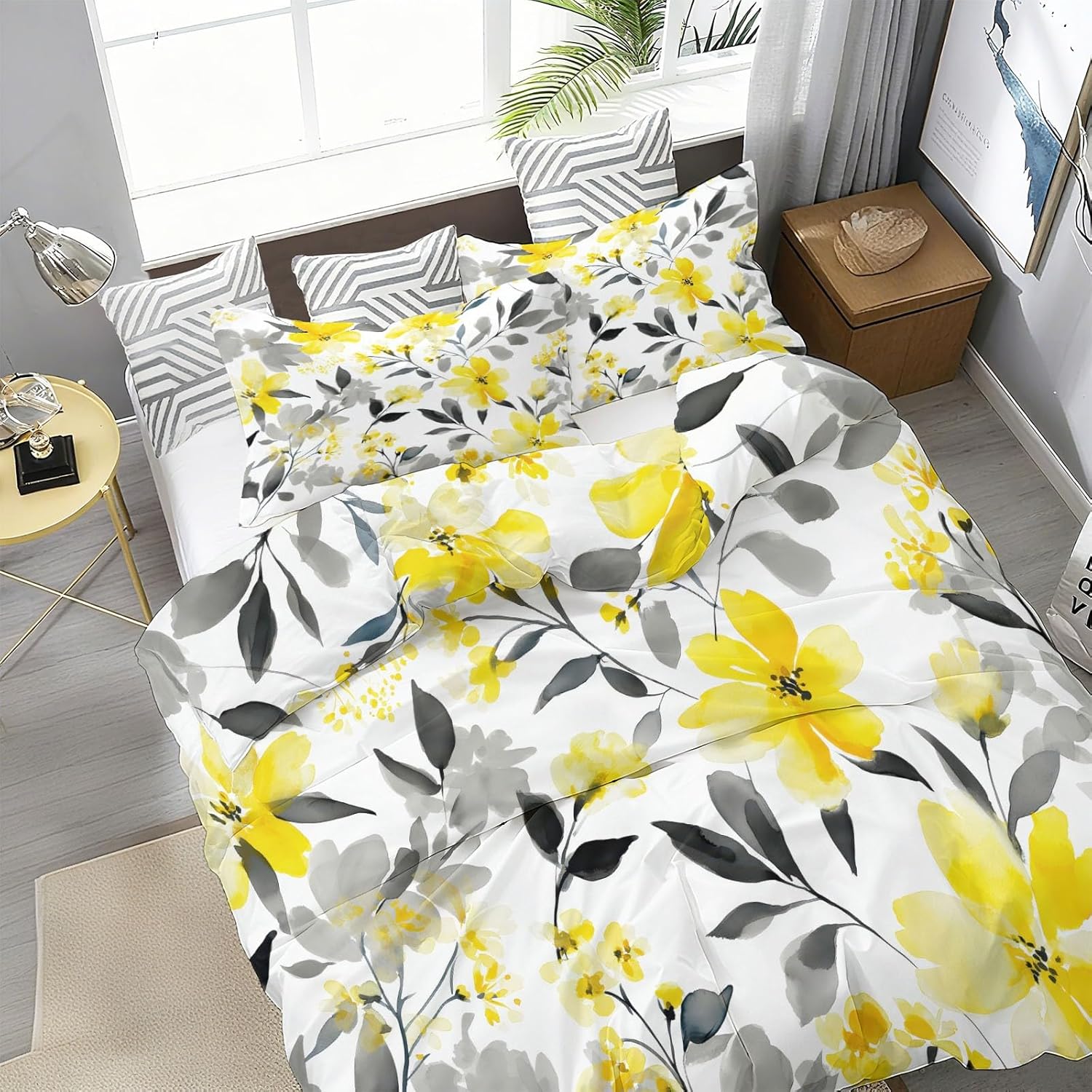 Duvet Cover for Kids Watercolor Plants Flowers Leaves Quilt Cover Sets Reversible Soft Bedspread Cover Room Decor, Yellow Gray Bedding Set 3Pcs Zipper Closure Boys Girls Teens (Queen Size 90"x90")