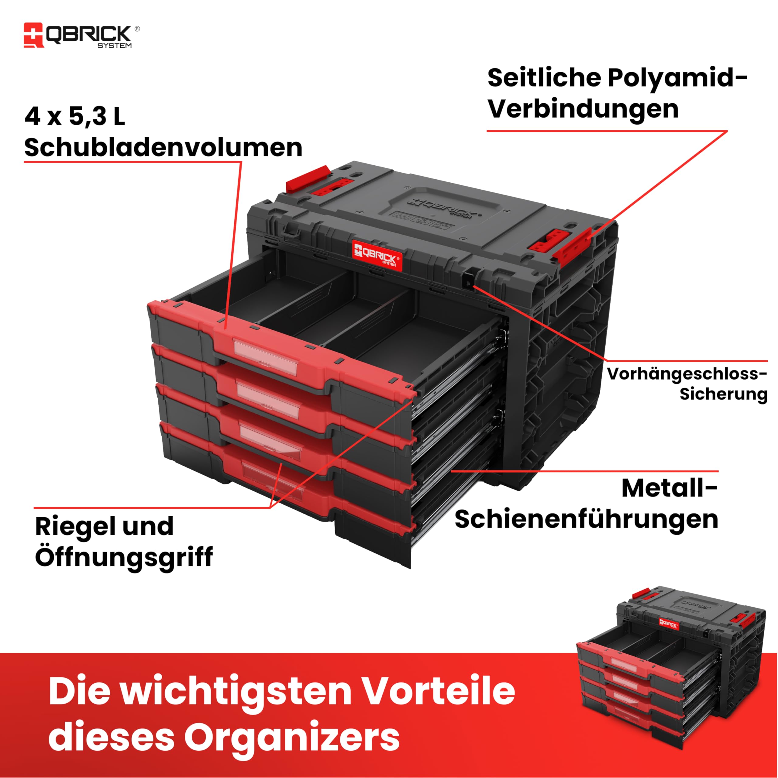 Qbrick System Werkzeugkoffer Sortierbox Leer - 4 Schubladen - Werkzeugkiste - 542 x 335 x 369 mm Schwarz