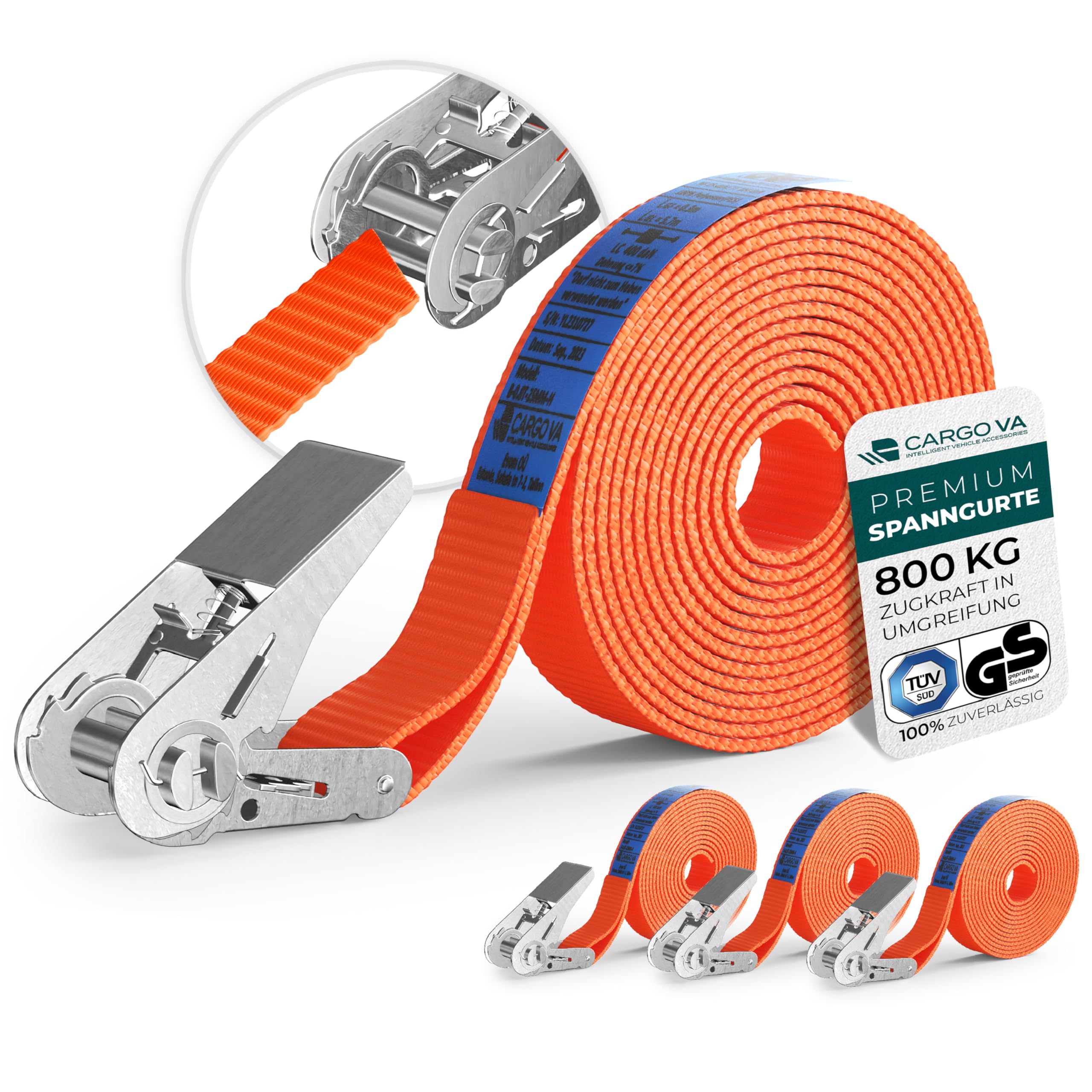CargoVA - Sangles Robustes 800kg [Lot de 4] - Certifiées TÜV/GS & DIN - Largeur 25mm - Idéales pour Les Applications Professionnelles [10M]