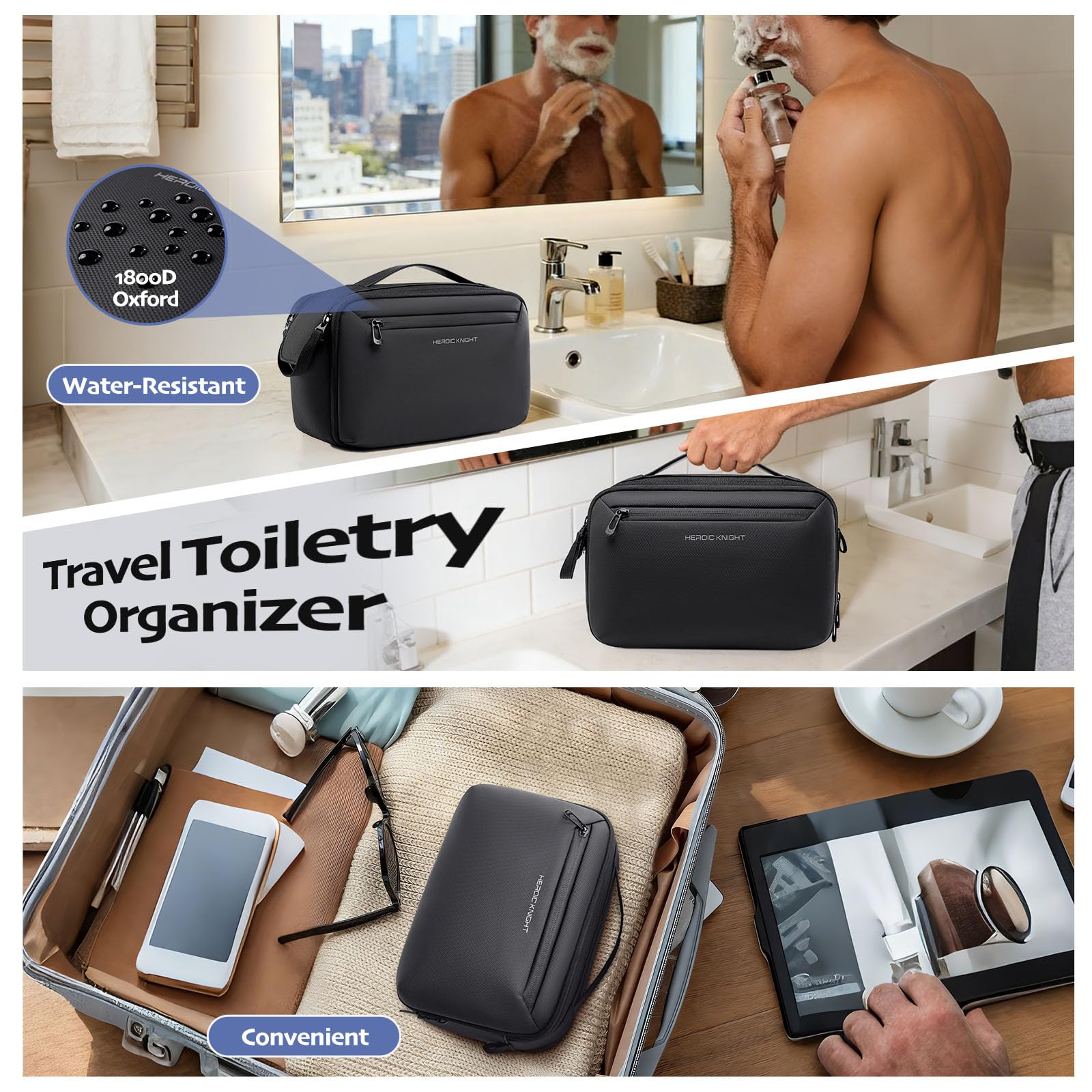 Neceser Hombre Viaje Impermeable, Bolsa de Aseo Grande con Apertura 180° Neceser Colgante con Compartimento Húmedo Separado, Organizador de Artículos de Tocador 1800D Oxford para Viaje Negocios-Negro