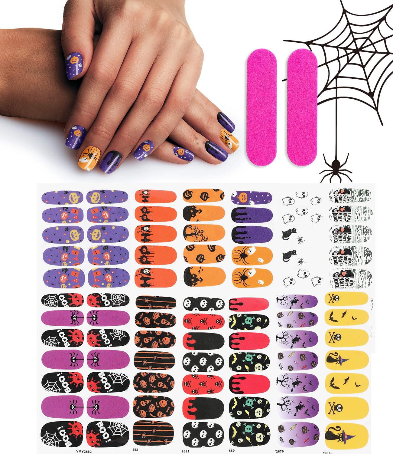 168 Pcs 12 Sheets Halloween Nail Polish Stickers Halloween Nail Art Stickers Decal Strips Self-Adhesive Nail Full Cover Nail Decals Manicure Stickers Halloween Makeup Decoration for Women Girls