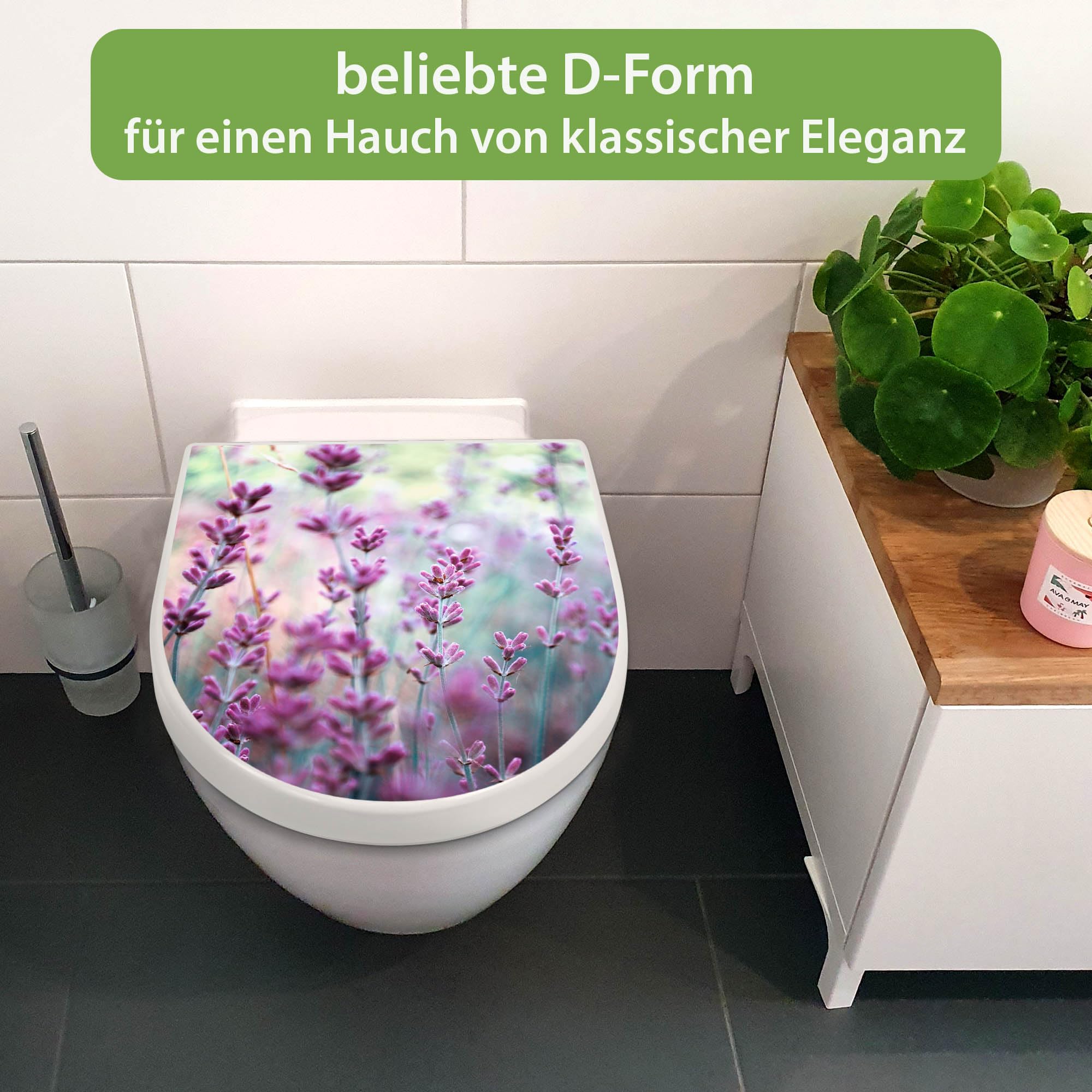 banjado WC Sitz mit Absenkautomatik D Form - Toilettendeckel mit Absenkautomatik D Form - Klodeckel Softclose - stabile Klobrille - Toilettensitz Weiß - Motiv Lavendel 2