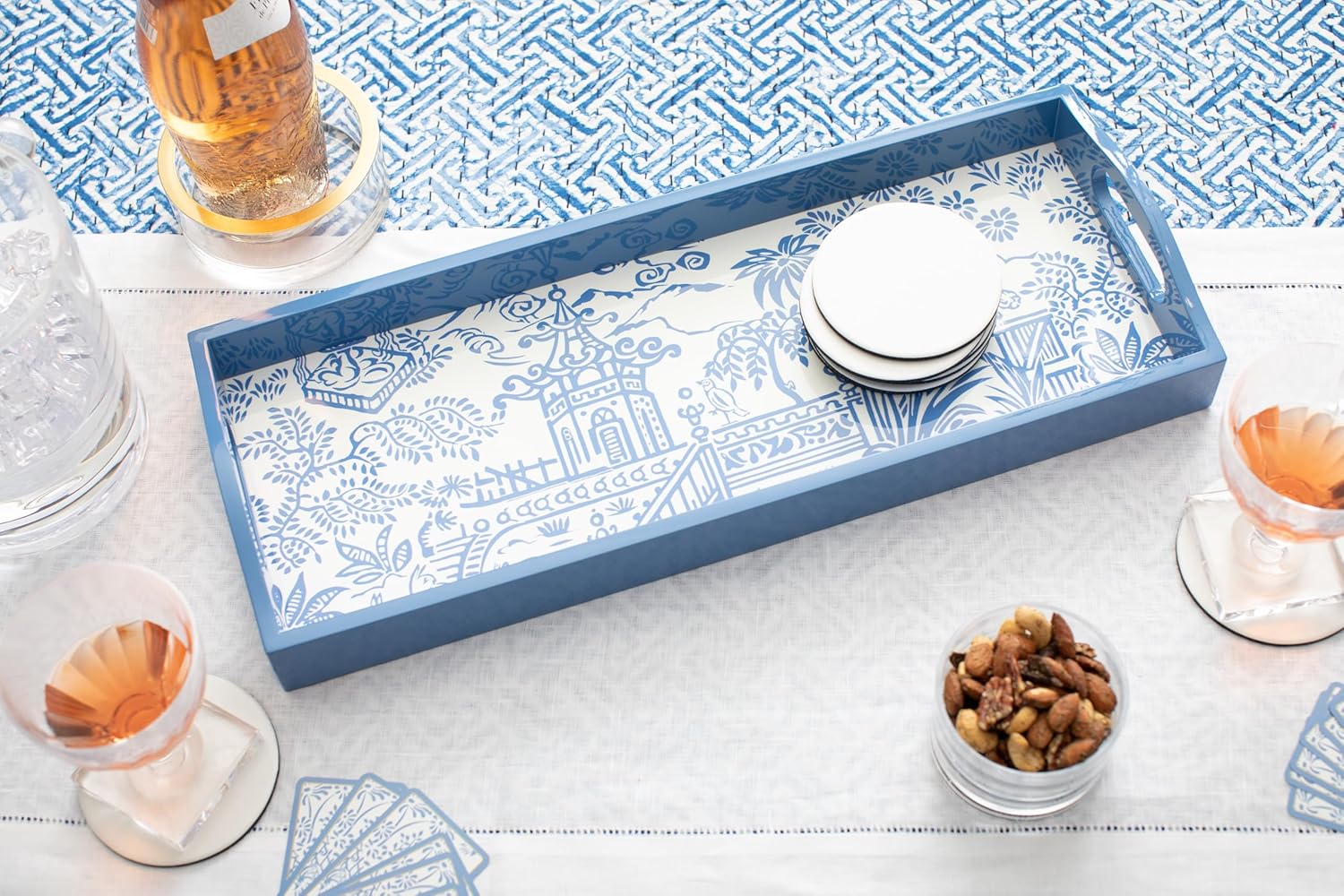 Caspari Pagoda Toile Lacquer Bar Tray – 20"x 8" Handmade, Blue, Elegant Rectangular Serving Tray - Image 3