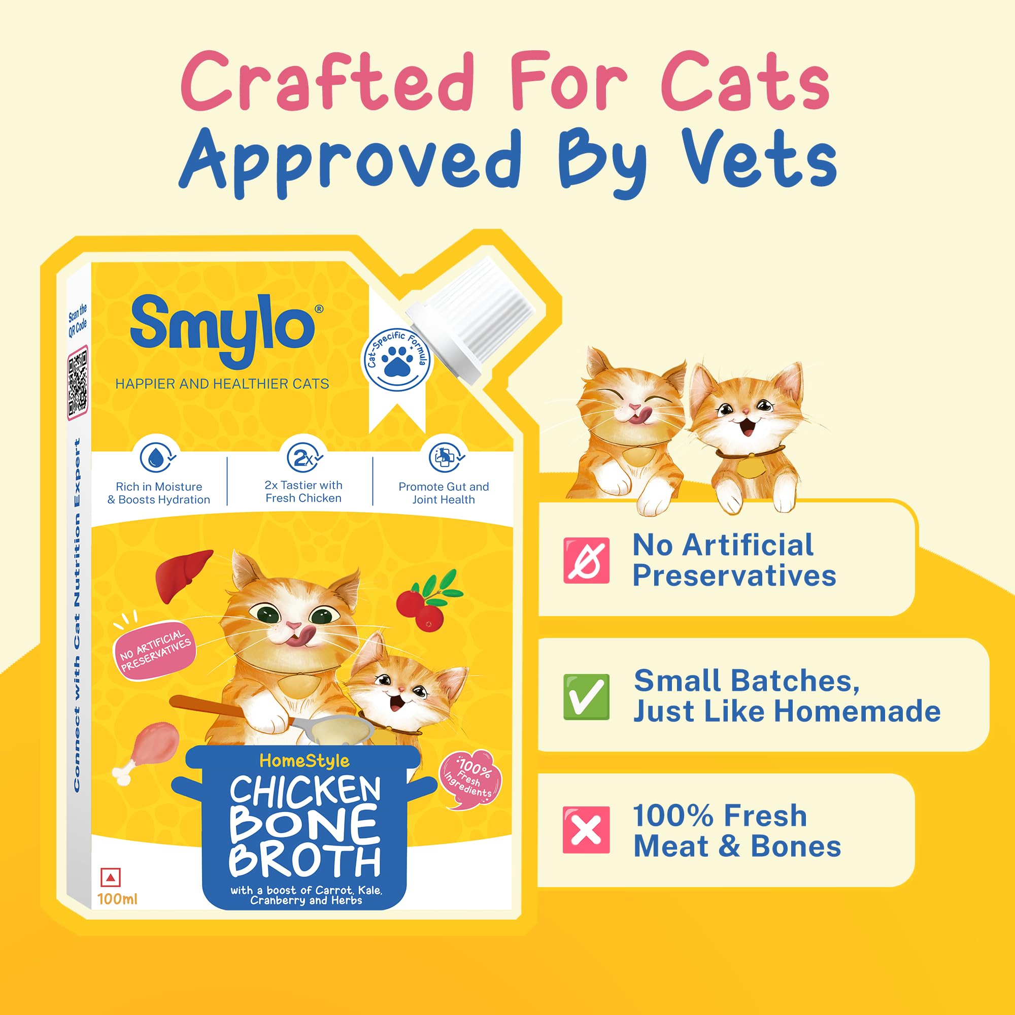 Smylo Summer Cooler, Hydration Rich Chicken Bone Broth for Cats (100ml x 3 Packs) | Rich in Collagen for Bones & Joints Health | Omega 3 & 6 for Shiny Fur & Coat | Cat Food Topper and Cat Supplements 2