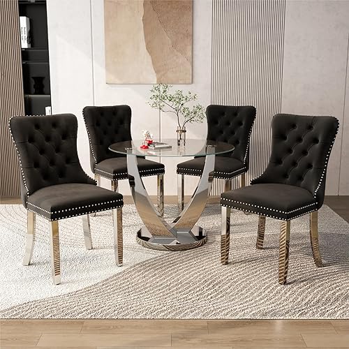 Miniatura 15 de Juego de mesa de comedor redonda de vidrio de 38.9 pulgadas para 4, mesa de comedor redonda con 4 sillas de cocina tapizadas de terciopelo, juego