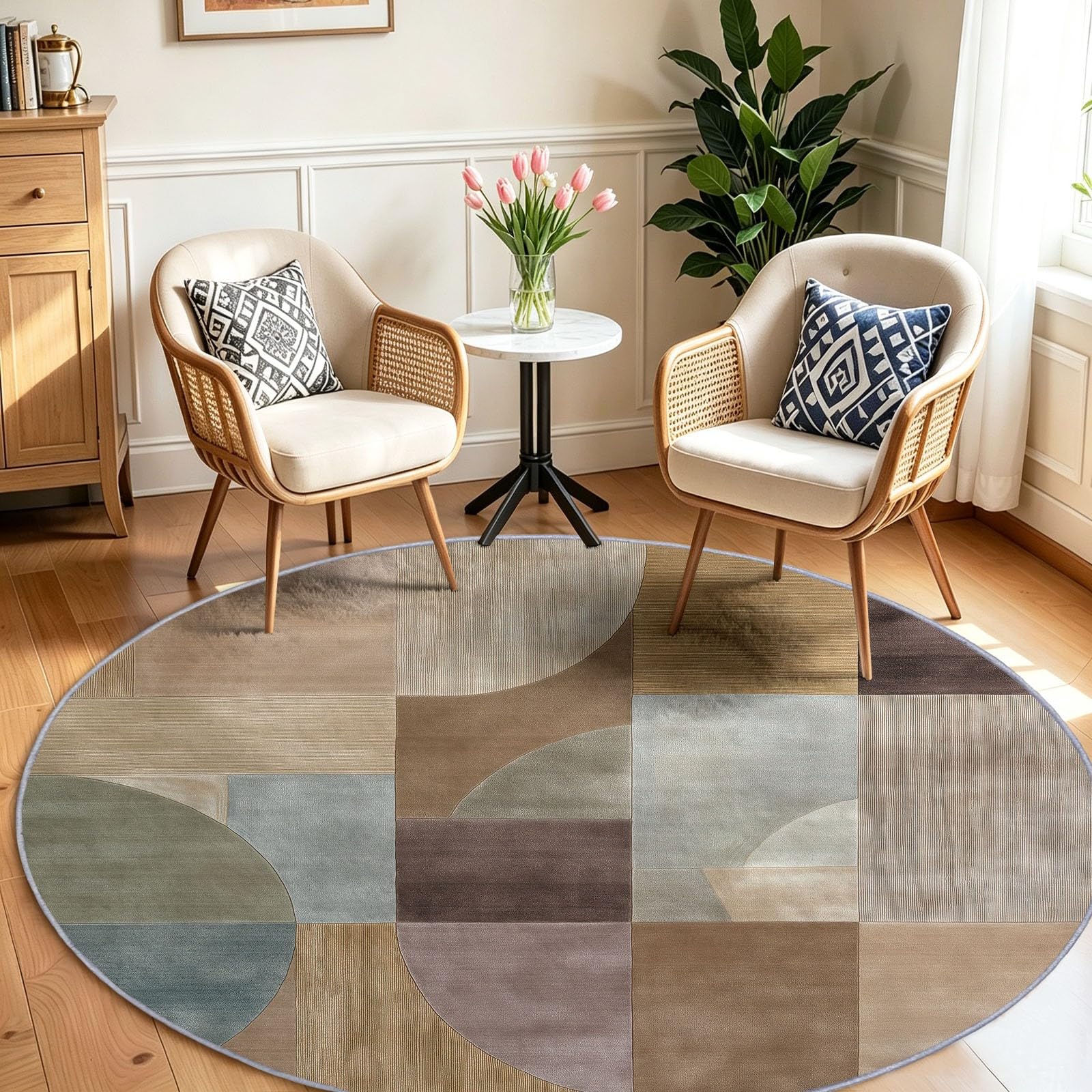 Tapis Rond Lavable en Machine pour Enfants 100 cm, Poils Doux et Facile à Entretenir Minimalisme Moderne Chambre à Coucher Salon Bureau Tapis Antidérapant Couleurs Résistantes Assemblages Géométriques