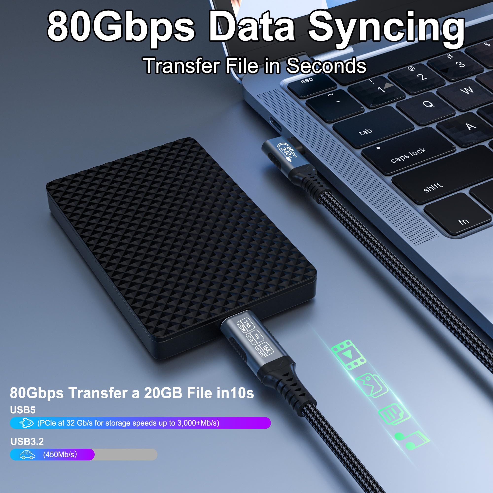 cavo usb 5 type-c 80 gbps Compatibile con Thunderbolt 5 angolo retto 2M,Supporta 240W,Video 16K@30Hz 8K@60Hz,cavo usb c dati alta velocità per Thunderbolt 4,USB 4,eGPU,Laptop