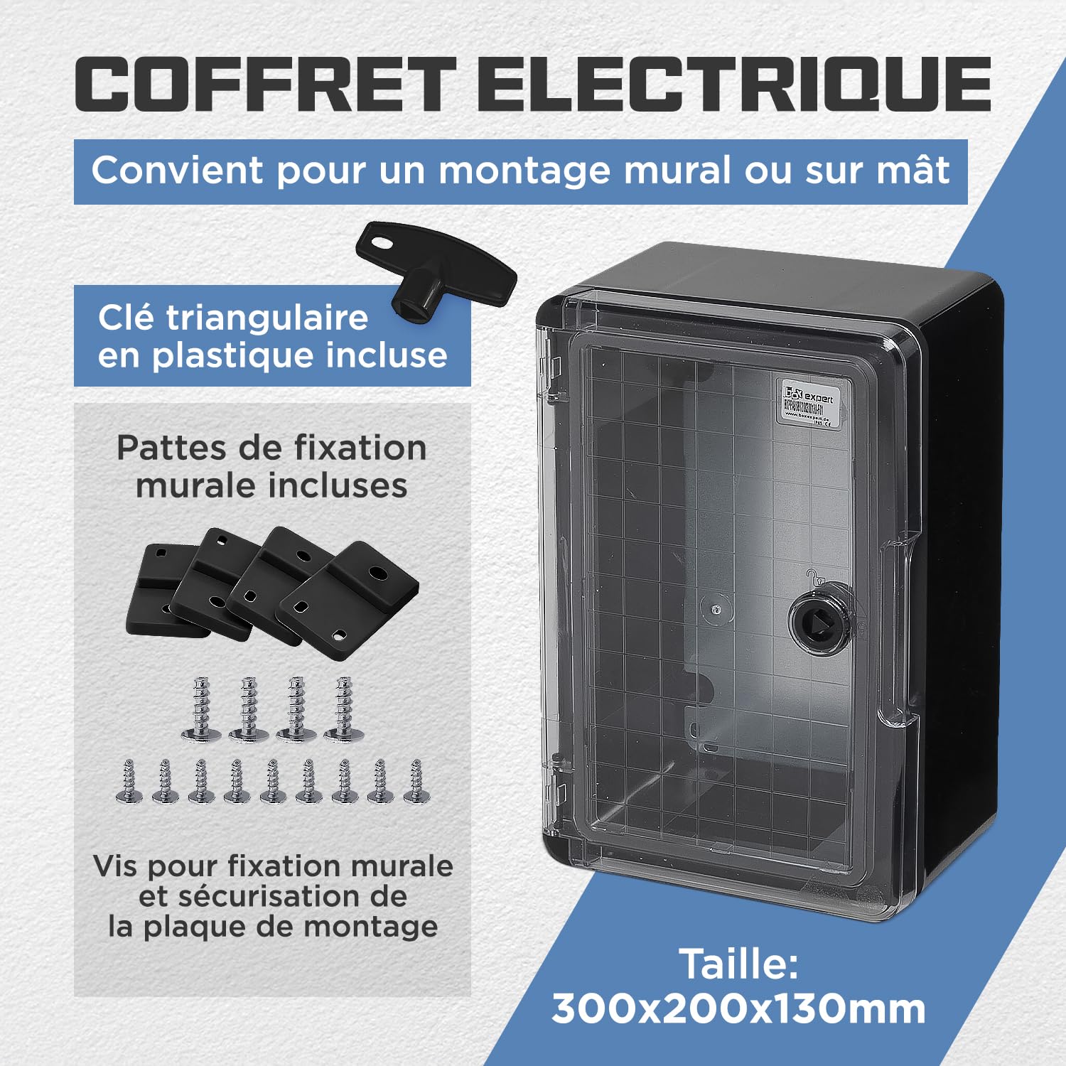 BOXEXPERT coffret de distribution exterieur IP65 ABS 300x200x130mm Fleet, etanche, armoire electrique/coffret mural, boitier industriel vide, noir