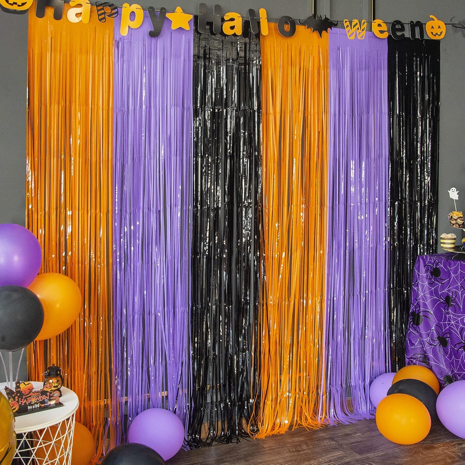 3 Pack 3.3 X 6.6 FT Halloween Photo Backdrop,Orange Purple Black Foil Fringe Curtains,Halloween Party Photo Backdrop Streamer Photo Booth Props for Birthday Anniversary Halloween Party Decoration