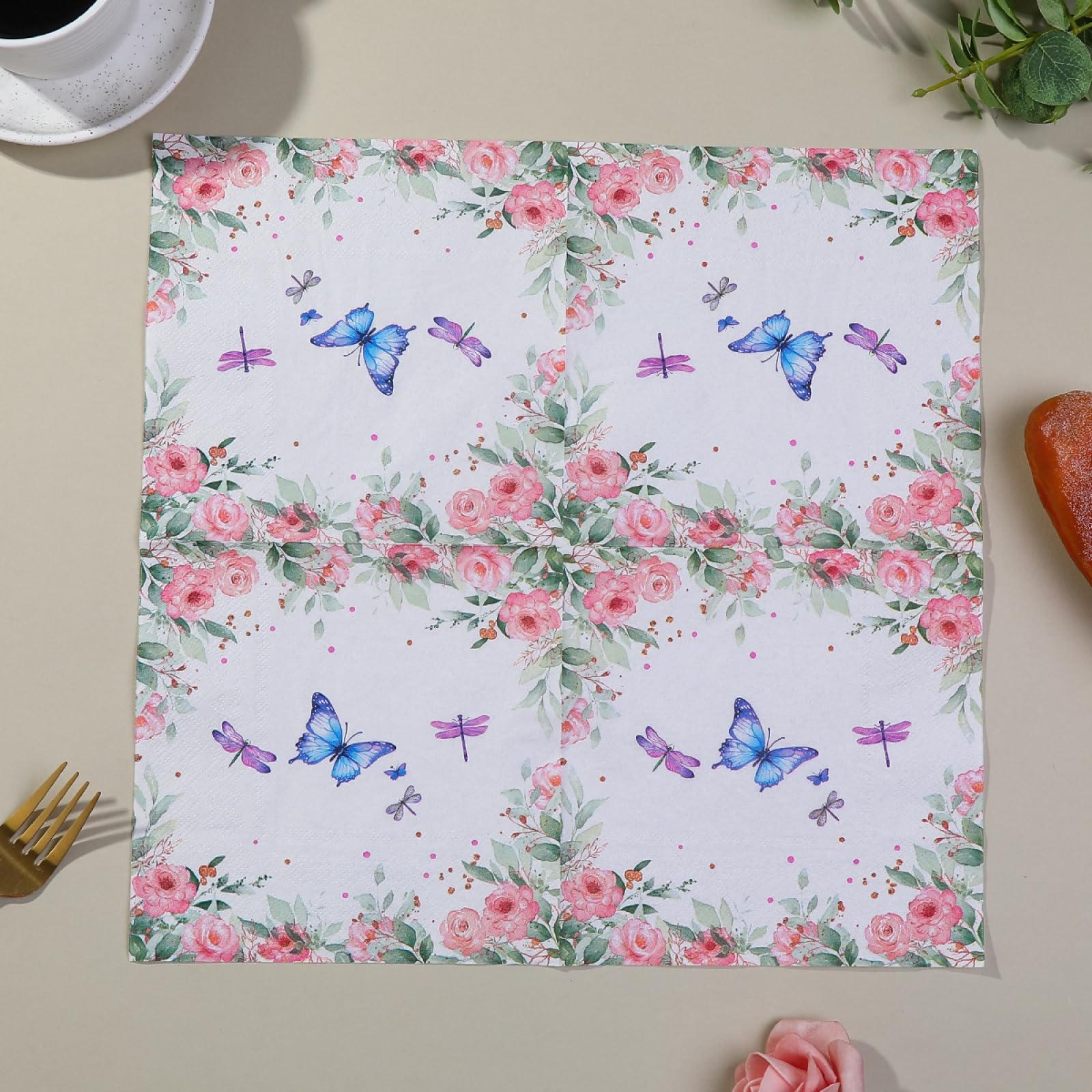Servietten Rose Schmetterling Insekt Happy Birthday Servietten Hochzeit Kindergeburtstag Cocktailservietten Party Geburtstagsservietten Servierten Disposable Napkins Pack of 20(33x33)