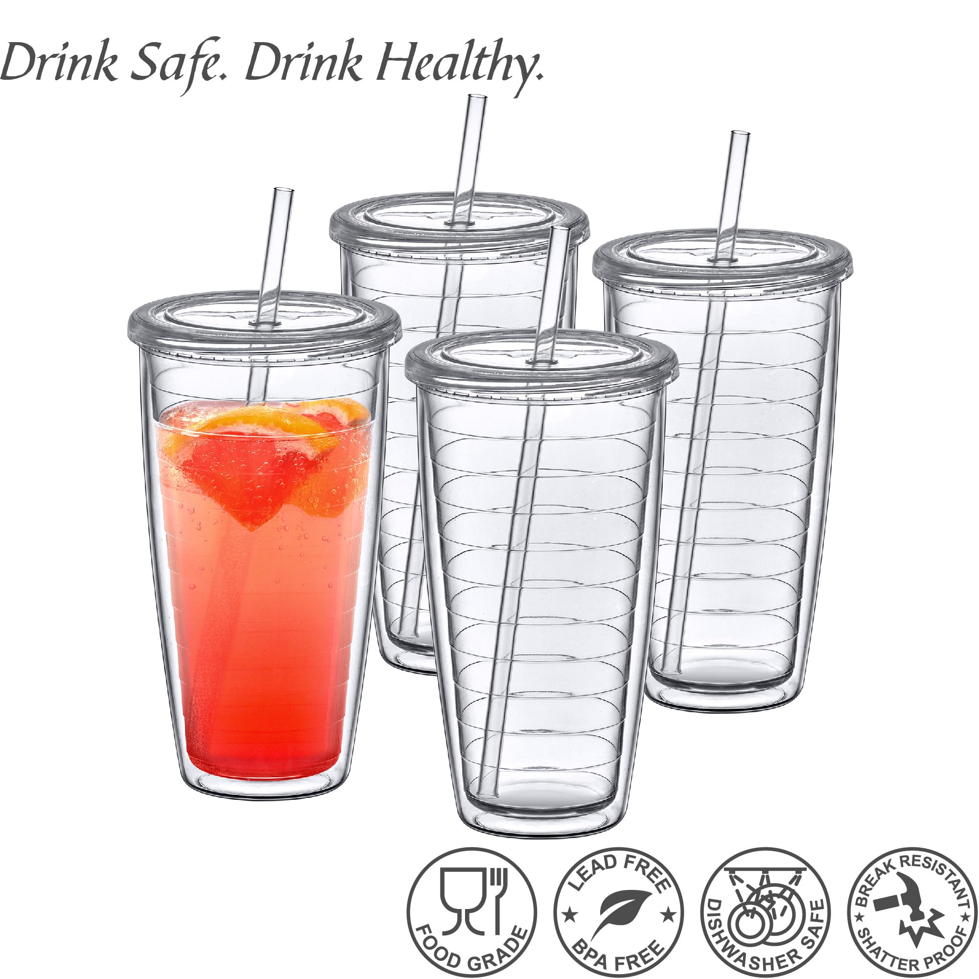 Amazing Abby - Alaska On-the-Go – Isolierte Kunststoffbecher mit Deckel und Strohhalm (4er-Set), doppelwandige Reisebecher, klare Trinkgläser, BPA-frei, bruchsicher, spülmaschinenfest