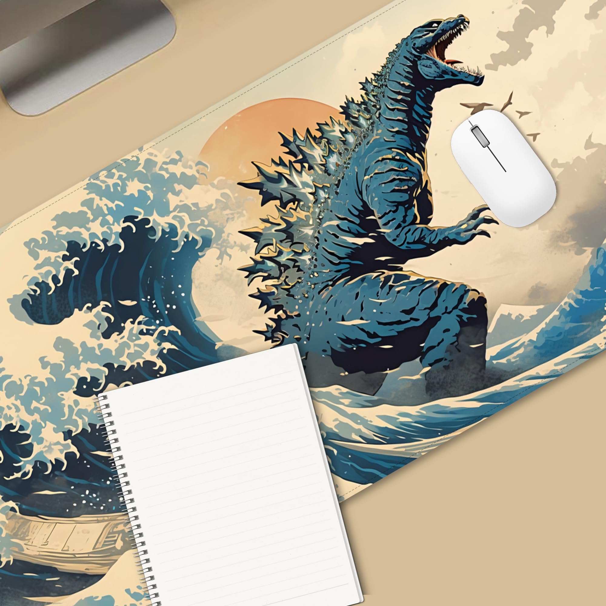 ProbTis Japanese Mouse Pad, Kanagawa Great Wave Mouse Pad, XXL Anime Gaming Keyboard Mat, Stitched Edges Rubber Base, XXL Big Extended Desk Protector for Home Office, 35.4”x15.7” (Sea Wave - Monster)
