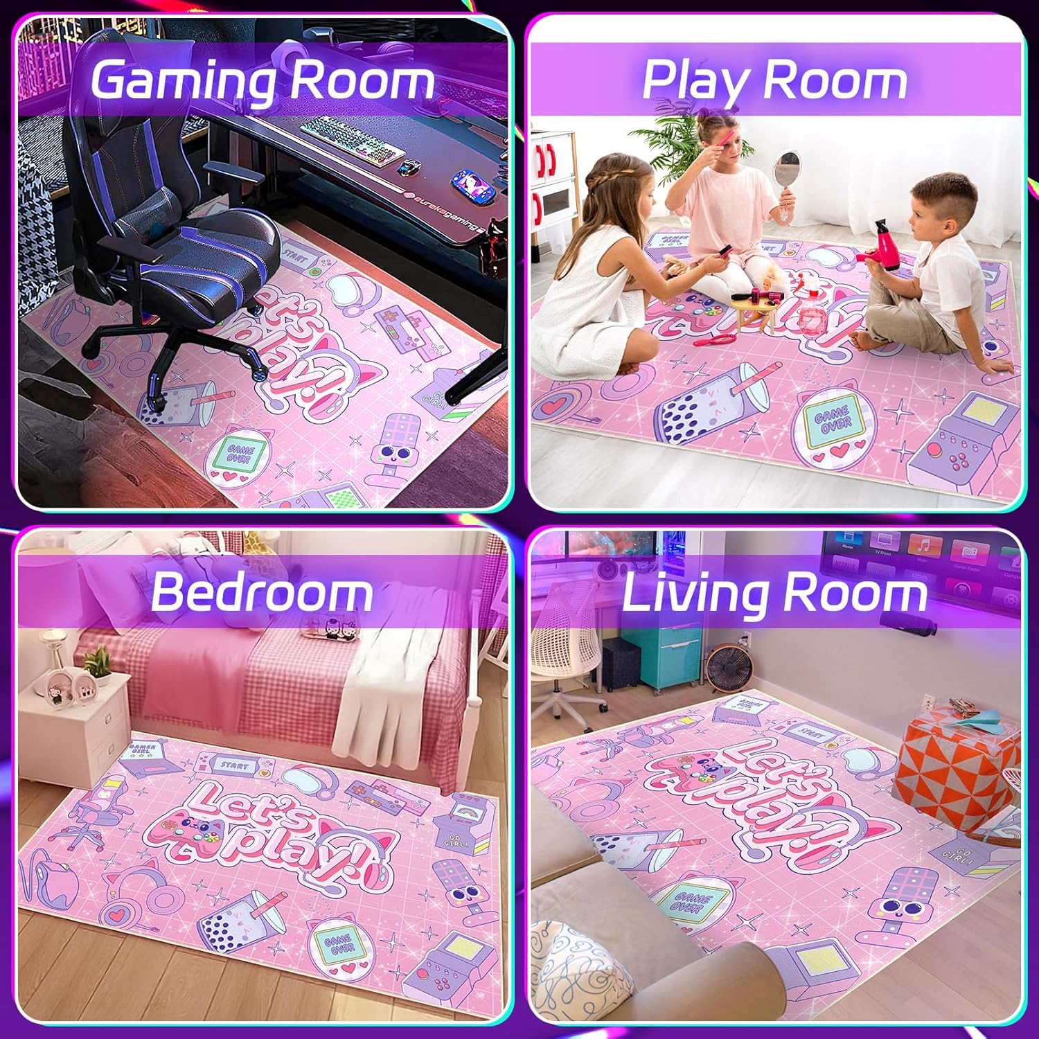 Gaming Area Rug for Girls Gamer Gaming Room Rug Game-Theme Teenage Girls Bedroom Decor Gaming Carpet Washable Girly Animel Gamer Rug for Kids Playroom Living Room Gamer Room 35x59 Inches