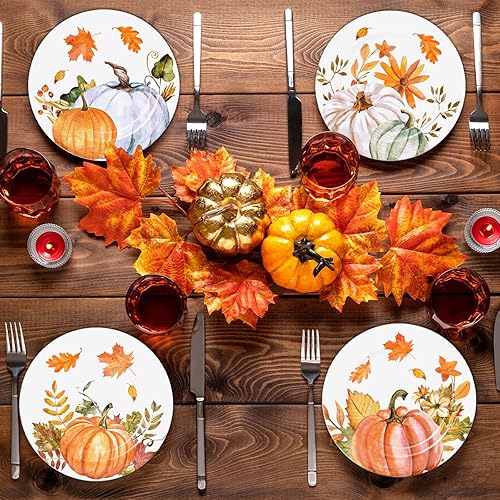 Miniatura 5 de AnyDesign Juego de 4 platos de cena de otoño de Acción de Gracias, platos de plástico de hojas de calabaza otoñales, reutilizables, 10 x 10 pulgadas