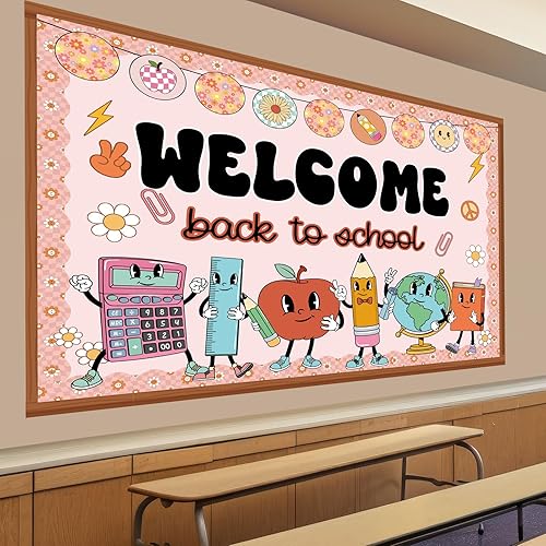 Miniatura 6 de Pajean Juego de tablones de anuncios de bienvenida de regreso a clases, decoración retro hippie para aula, bonitos recortes de manzana con bordes de