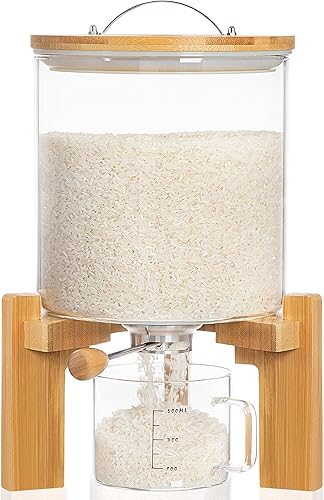 Miniatura 10 de HBlife Dispensador de arroz de vidrio de 5 a 7 libras con soporte de madera, contenedor de harina y cereales con taza medidora de vidrio, despensa,