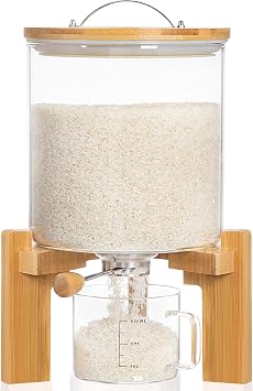 HBlife 8-10 Lbs Glass Rice Dispenser with Wooden Stand Flour and Cereal Container with Glass Measuring Cup Pantry Food Organization Storage Bin with Airtight Bamboo Lid, 5L