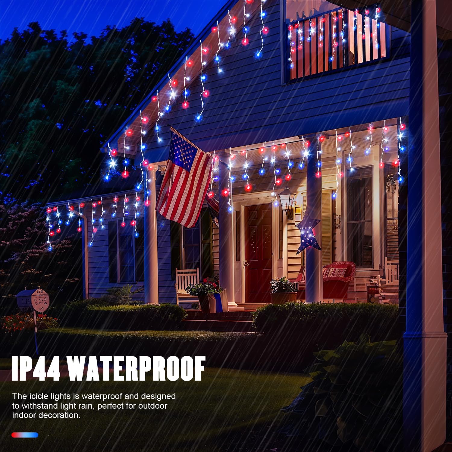JMEXSUSS Icicle Lights for 4th of July Decor, 400 LED Red White and Blue Icicle Lights for Outside, 38.8 Ft Independence Day Icicle String Light Indoor Outdoor Holiday American Flag Decor