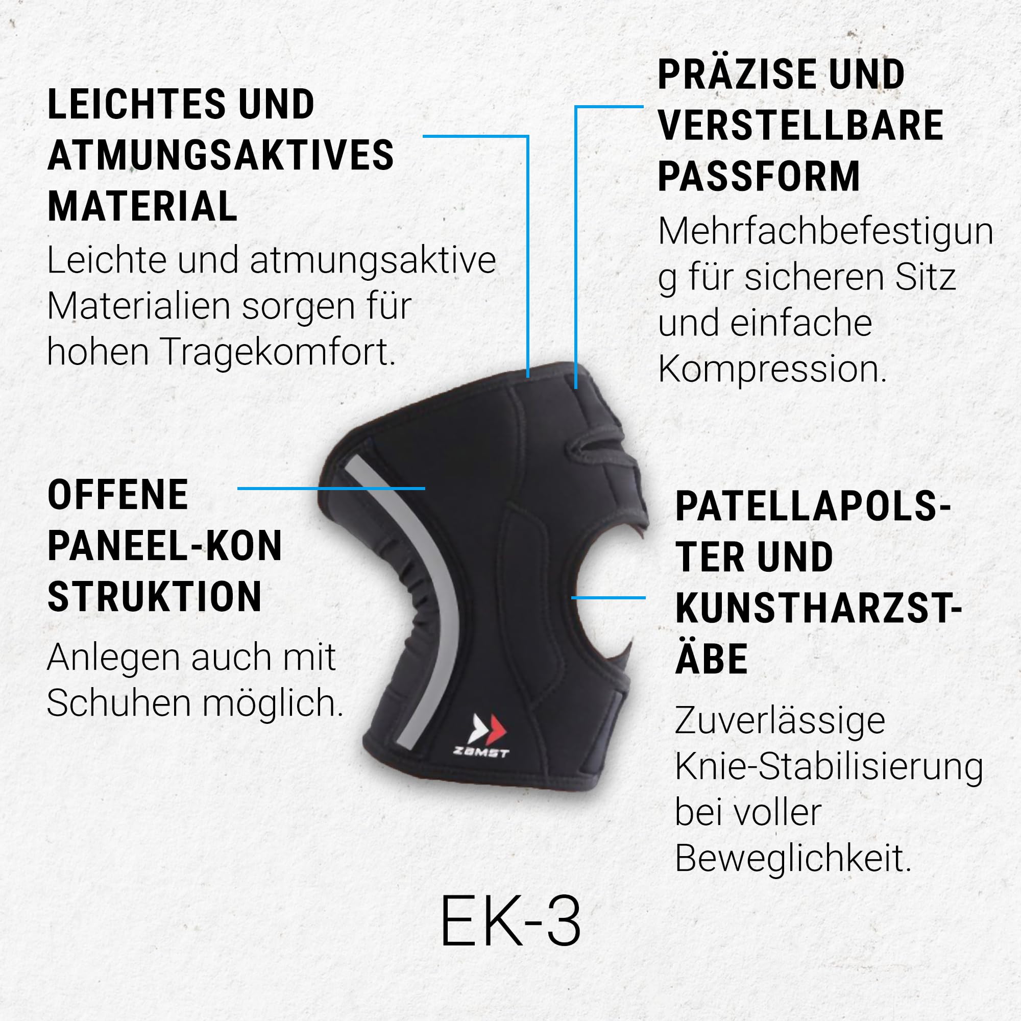 Zamst EK-3 Kniebandage Verstellbar - Mediale & Laterale Stabilisierung - Kompressions- Kniebandage Männer - Kniebandage Damen - Bequem Atmungsaktiv Offenes Design - Bandage Knie - Ideal zum Sport (L)