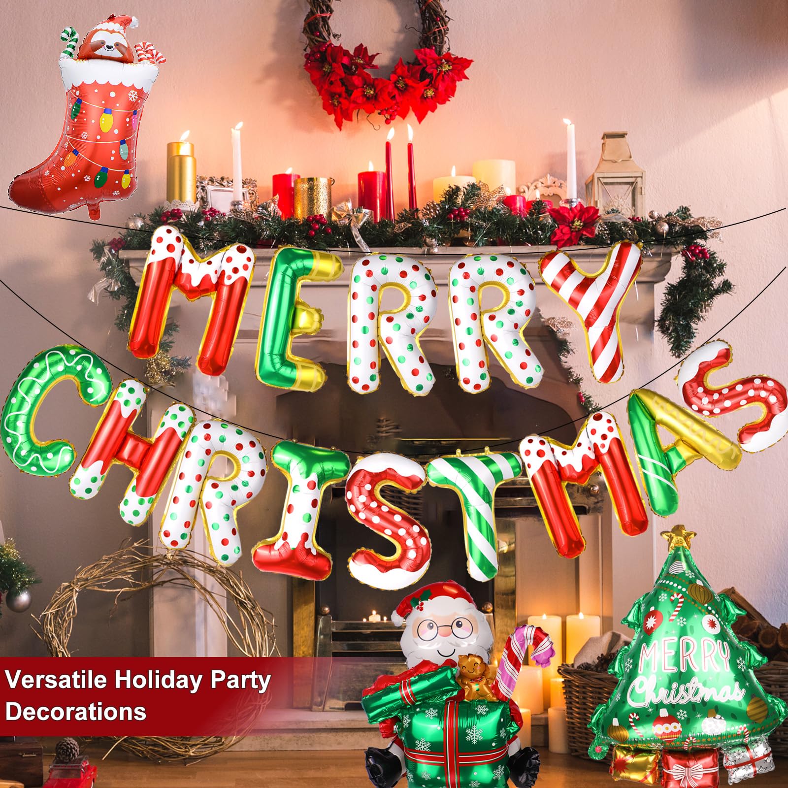 Frohe Weihnachten Luftballons Banner Kit – 14 Buchstaben Weihnachtsmann-Baumstrumpf Folienballons für Xmas Party Dekor, kein Helium erforderlich, Innen- und Außendekorationen
