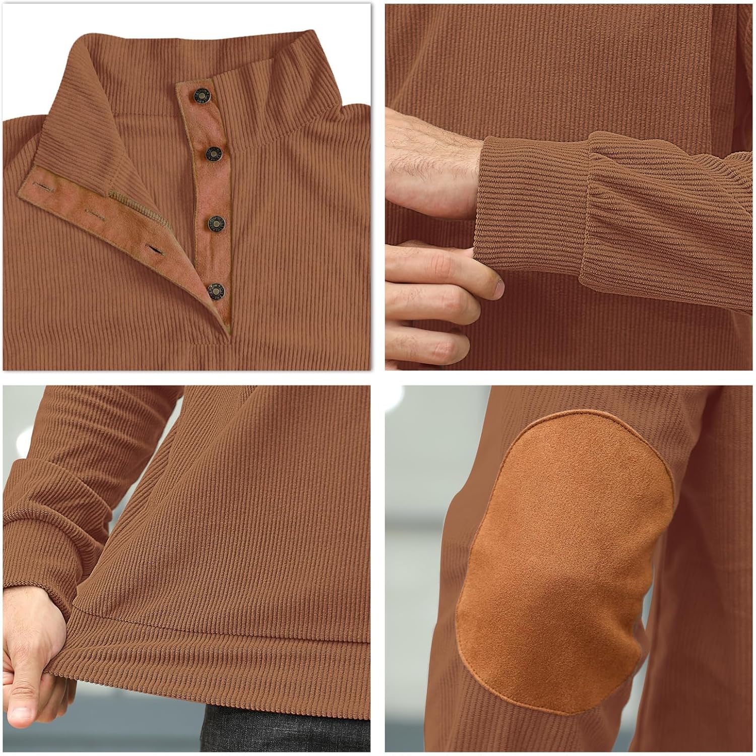 Men's Fashion Corduroy Sweatshirt Long Sleeve Button-Down Shirt Stand Collar Pullover Sweater - Image 6