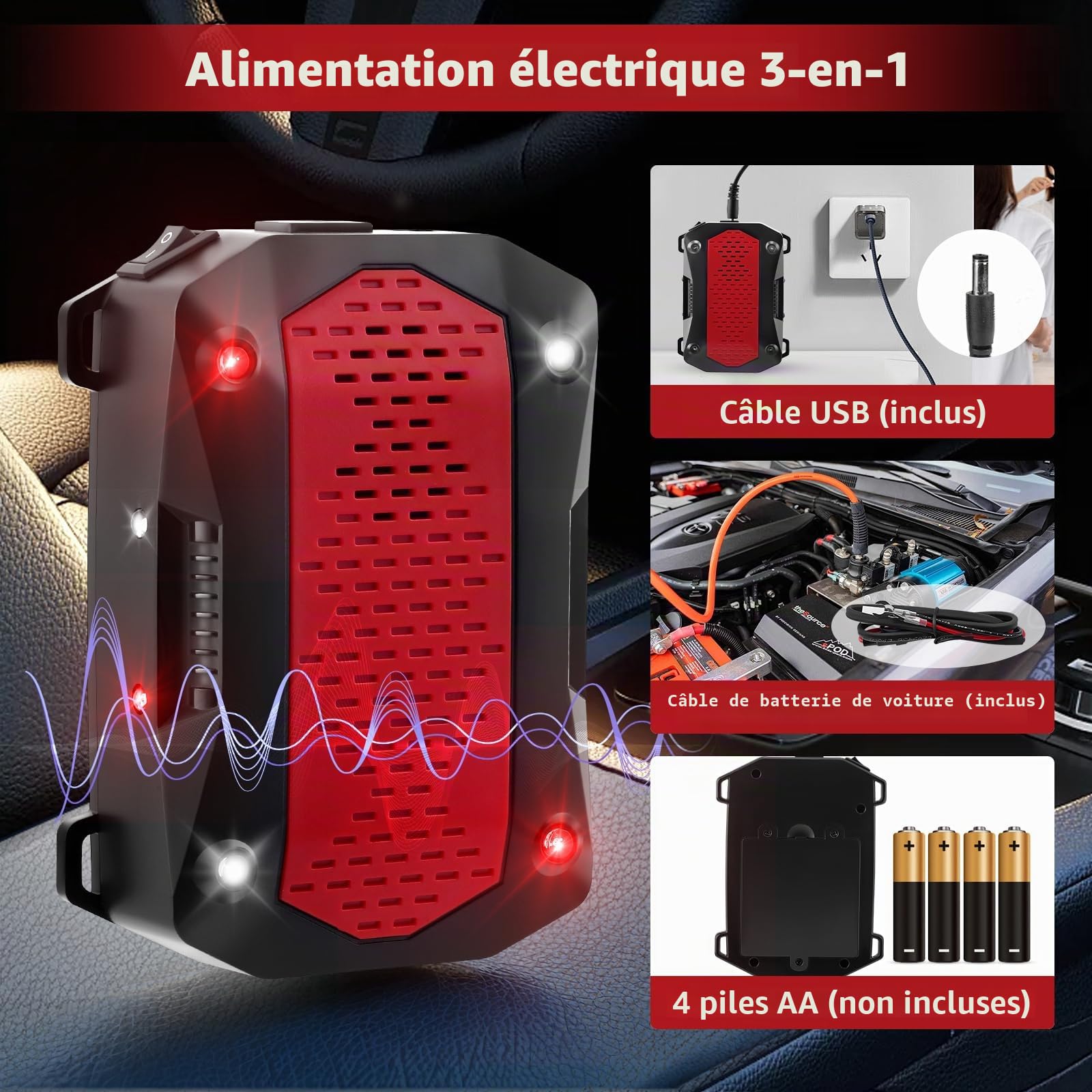 Anti Rongeur Voiture Anti Martre Voiture, Répulsif Ultrasons à Flash LED, 3 Modes d'alimentation, Protection Mobile Intérieur & Extérieur
