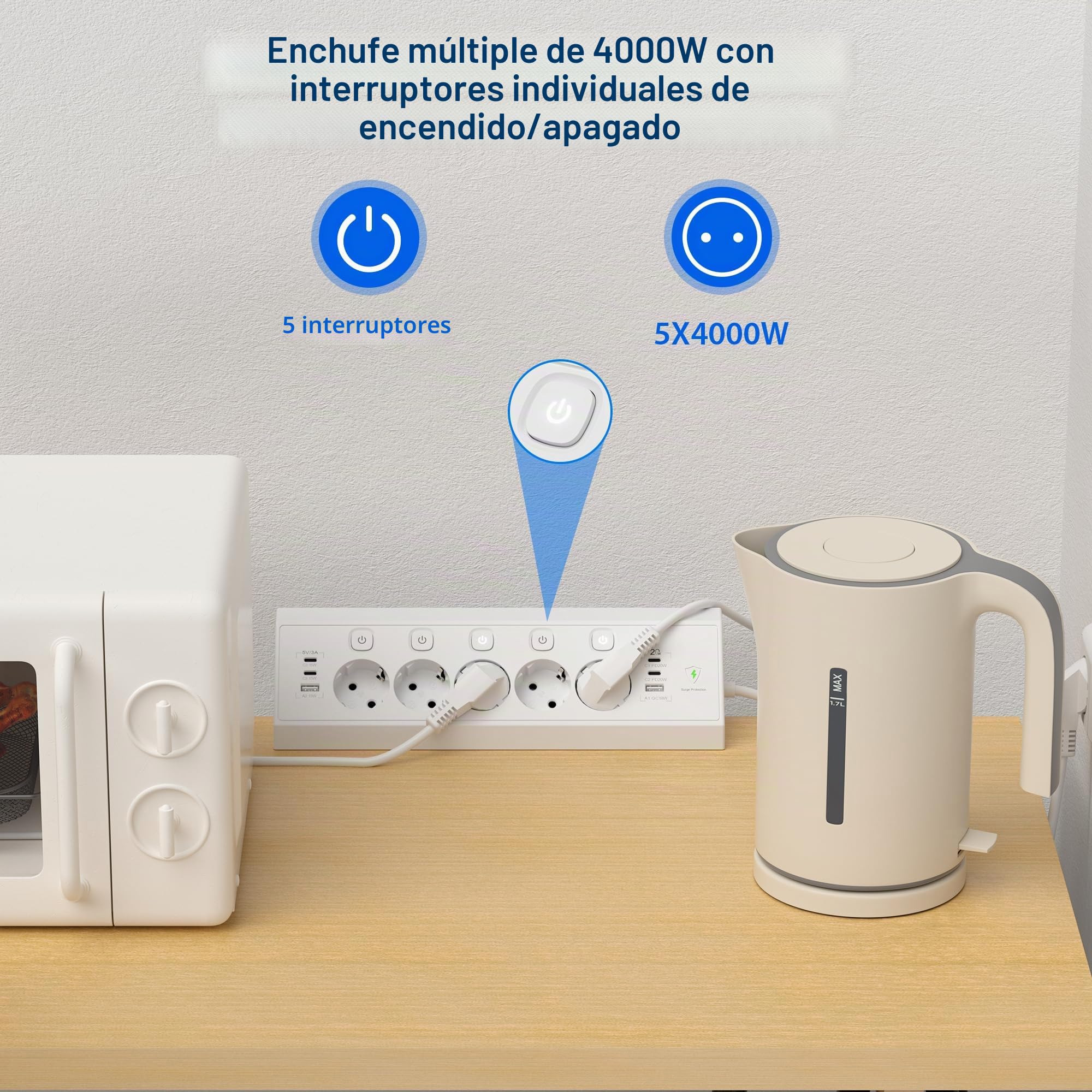 Regleta Enchufes Proteccion Sobretension, Toma de Mesa con USB C 20W, Regleta Escritorio 5 Tomas con Interruptores Individuales, Enchufes Multiple para Cocina Oficina, 1.8M Cable, Blanco