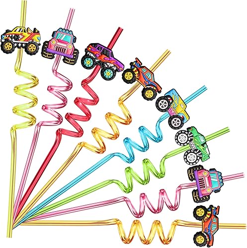 24 recuerdos de fiesta de camiones monstruos, camiones reutilizables, pajitas de plástico para camiones monstruos, suministros de fiesta de